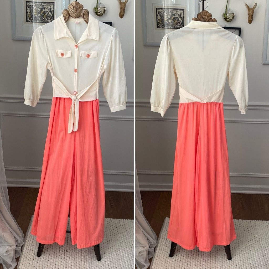 Vintage Vintage Sears Palazzo Wide Leg Jumpsuit Ivory Orange S 4 Size 26" / US 2 / IT 38 - 1 Thumbnail