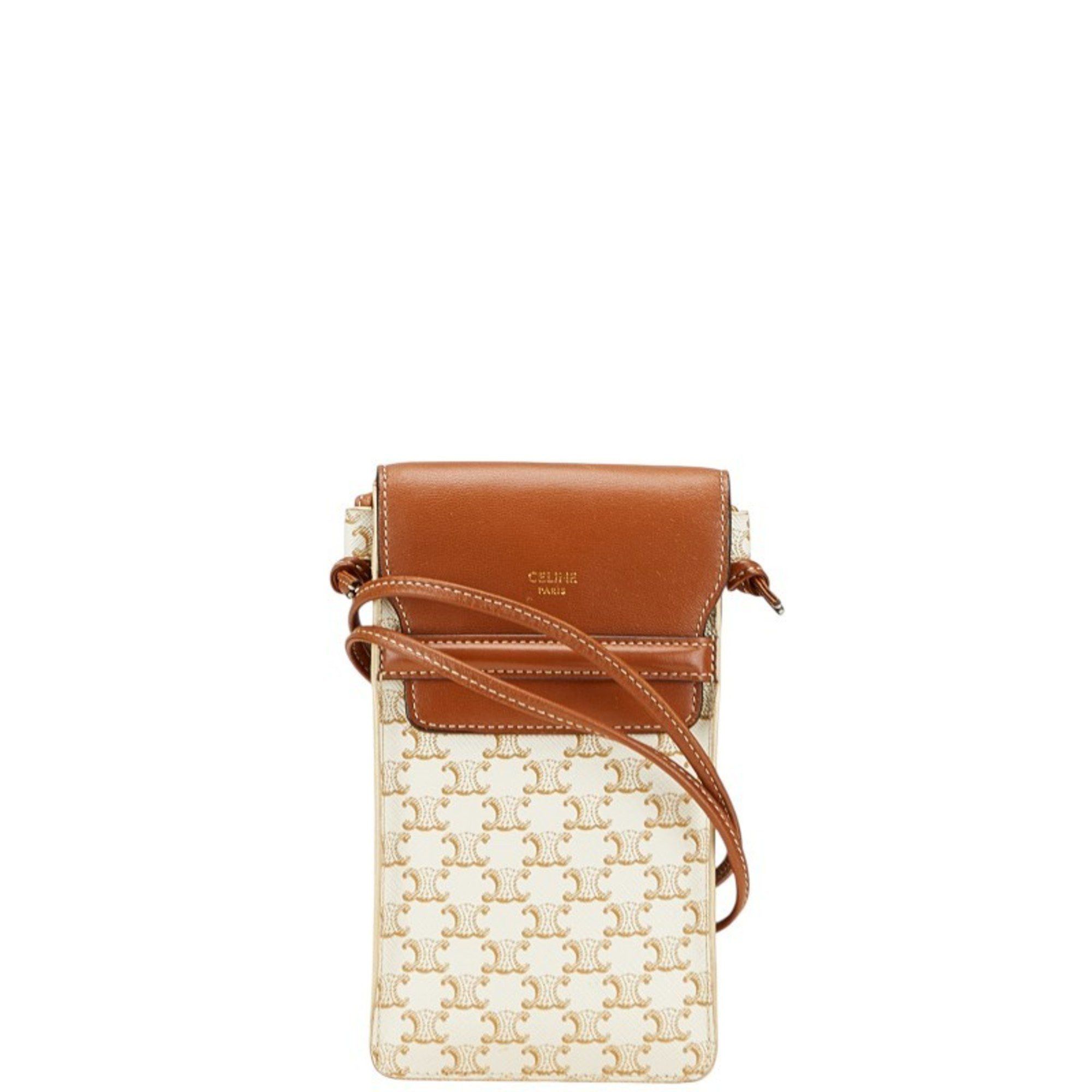 Celine Triomphe Crossbody Shoulder Bag with Phone Case in White and Brown Leather for Women
