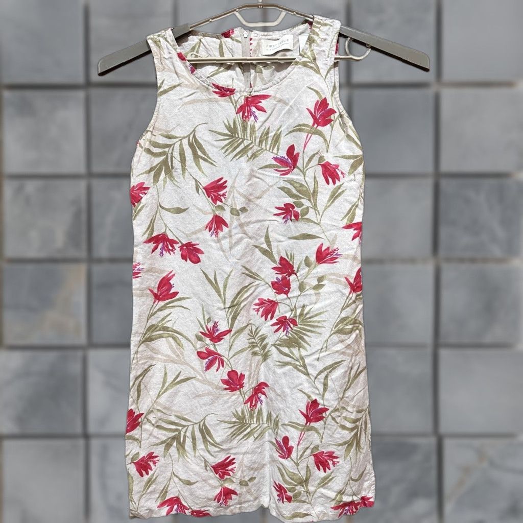 Liz Claiborne VINTAGE Liz Claiborne Dress 10 Beige Pink Tropical Floral Linen Blend Sleeveless Knee Length Tank Dress Women Womens Size L / US 10 / IT 46 - 1 Thumbnail