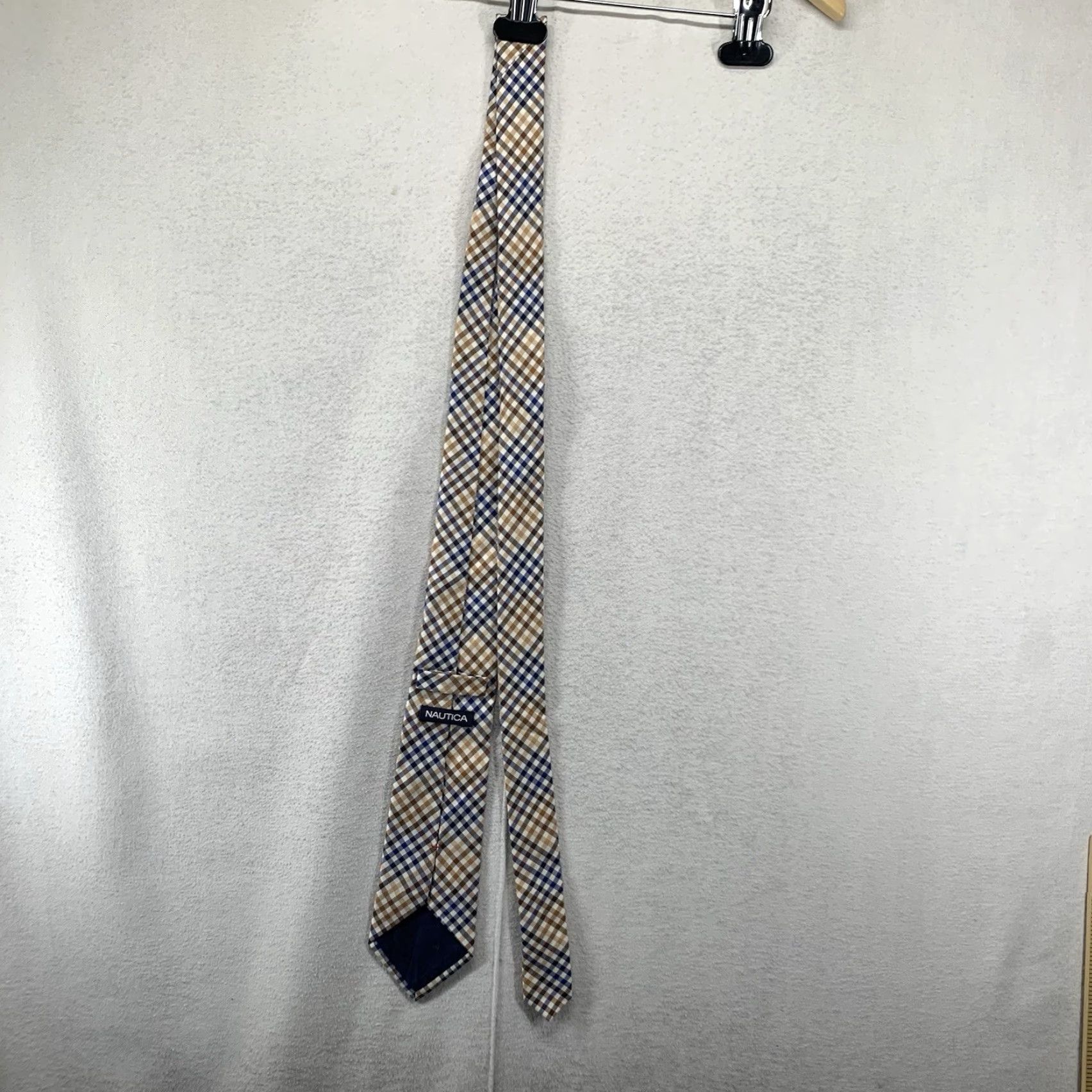 Nautica VINTAGE Nautica Men's Tie Classic Gold White Blue Plaid Cotton 57" Preppy Designer Formal Size ONE SIZE - 2 Thumbnail