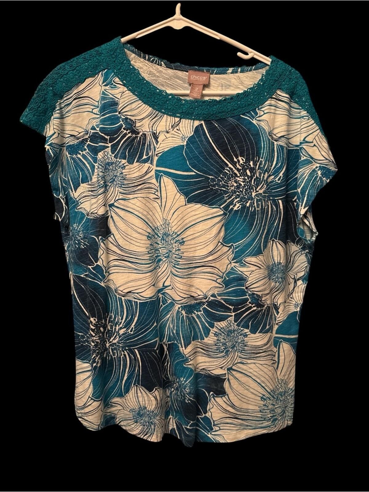 Chicos Chico's Teal Floral Crochet-Neck Blouse Size M / US 6-8 / IT 42-44 - 1 Thumbnail