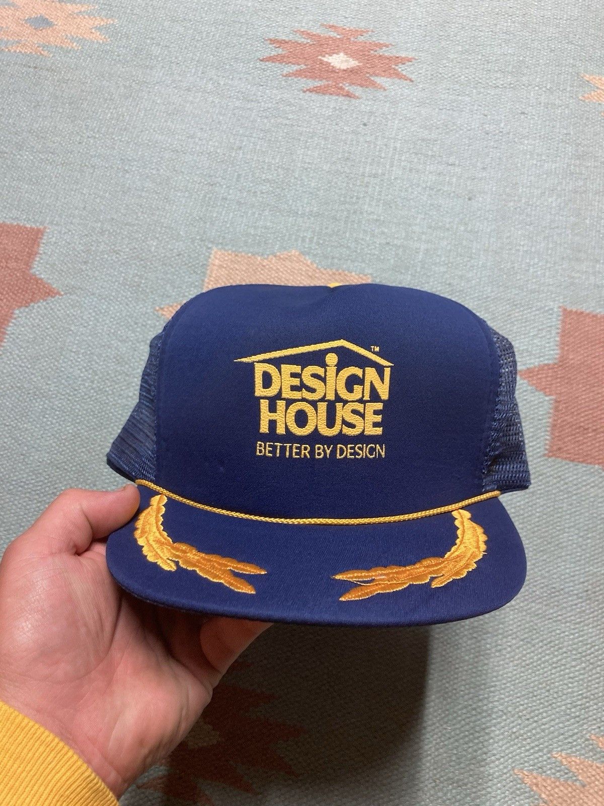 Vintage Trucker hat mesh design house gold leaf navy blue indiana Size ONE SIZE - 2 Thumbnail