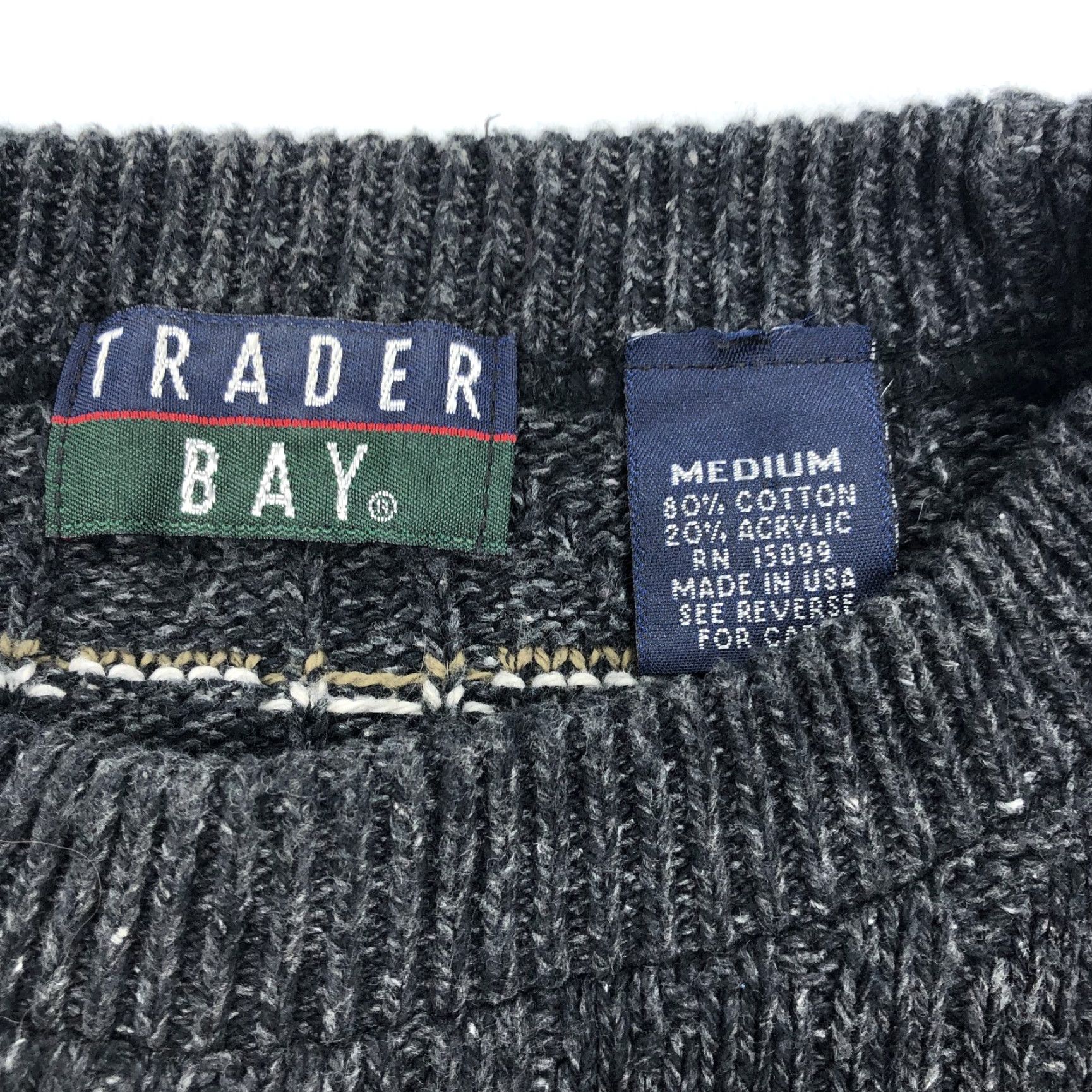 Vintage TRADER BAY Men's M Gray Patterned Knit Crew Neck Sweater Pullover USA Vtg Size US M / EU 48-50 / 2 - 3 Thumbnail