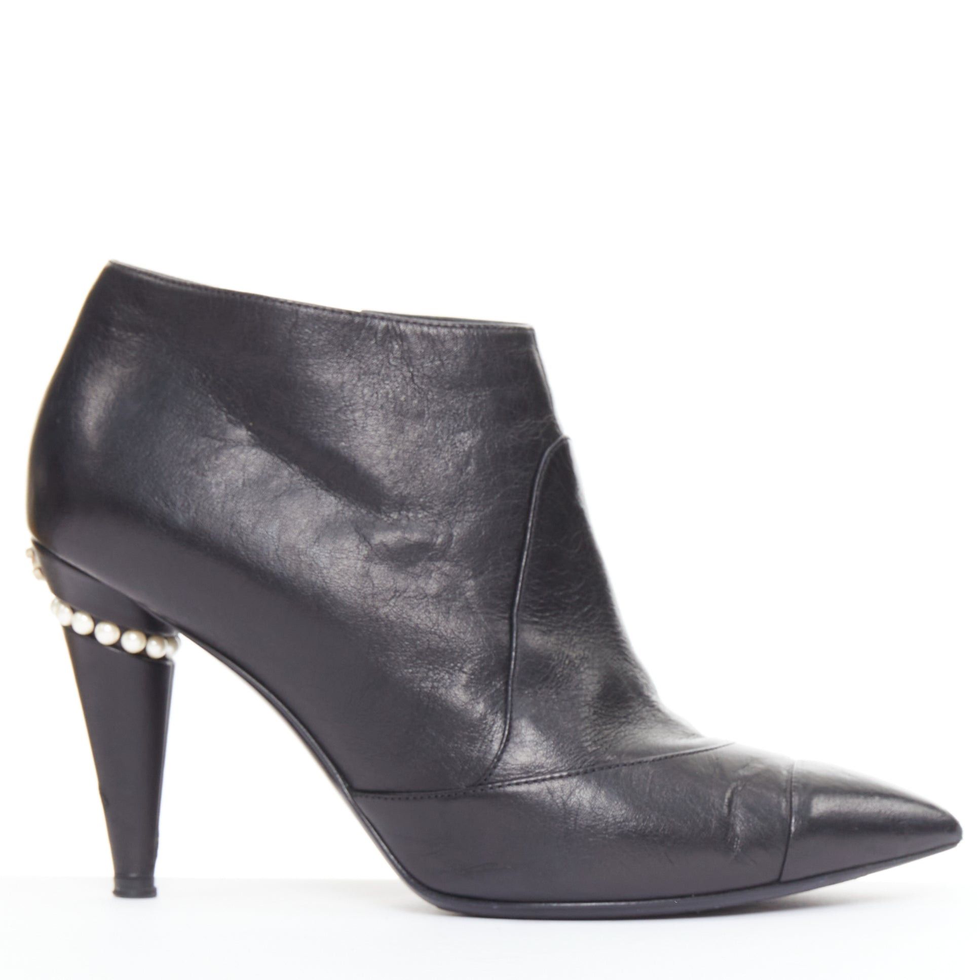 Chanel CHANEL 15C black calfskin faux pearl high cone heeled ankle boots EU38 Size US 8 / IT 38 - 1 Thumbnail