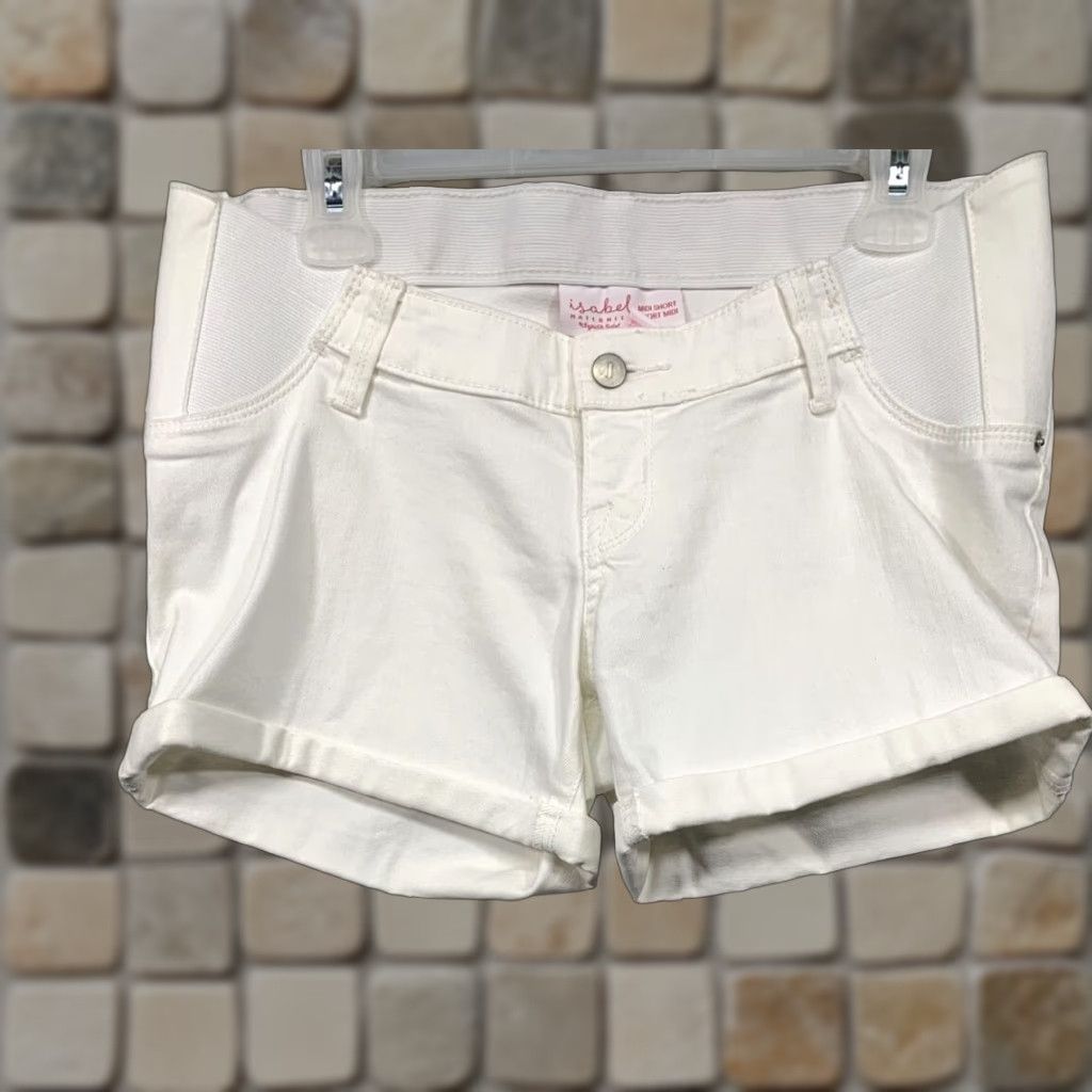 Vintage Isabel Maternity Midi Short White Cuffed 2 Back Pockets Belt Loops NWT Size 4 Denim Cotton Polyester Spandex Women Casual Front Flat Size 27" / US 4 / IT 40 - 1 Thumbnail