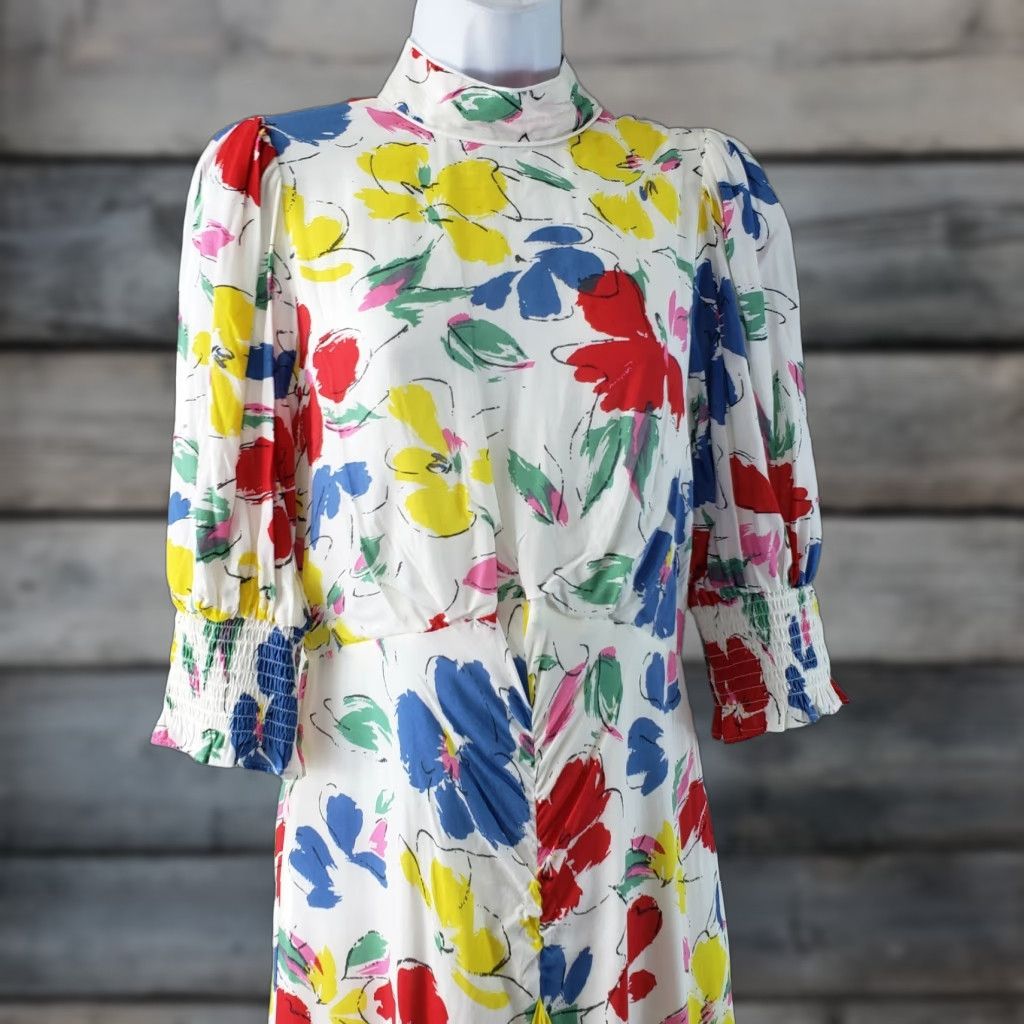 RIXO Rixo for Target Womens Cascade Dress Sz 6 White Blue Floral Mock Neck Maxi Dress Bodice Cascade Ruffle Half Sleeve Womens JS Size M / US 6-8 / IT 42-44 - 1 Thumbnail