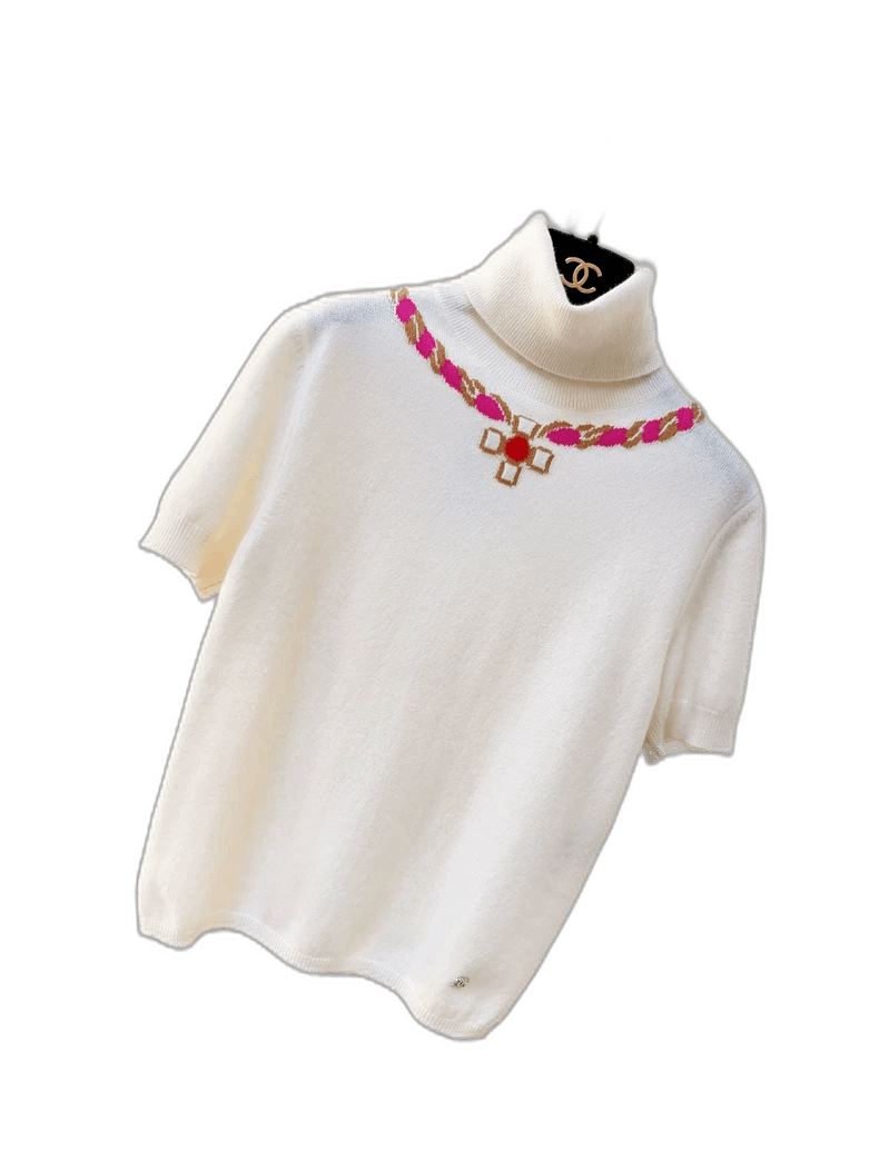 Chanel Chanel White Pink Gem Knit Turtleneck Top Size XS / US 0-2 / IT 36-38 - 1 Thumbnail