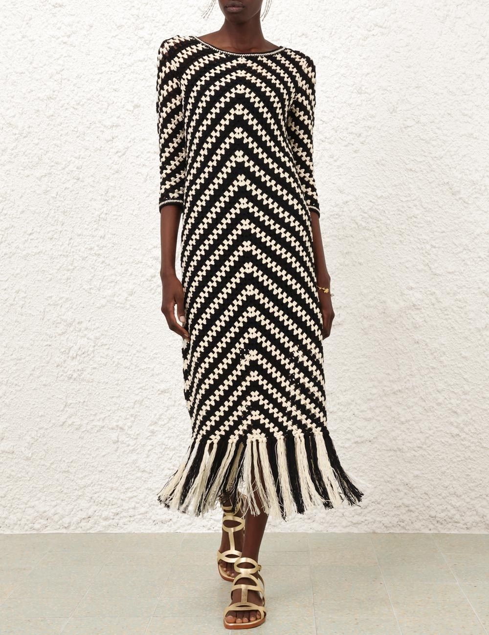 Zimmermann oc11z0525 Halliday Hand Crochet Midi Dress in Ivory & Black Size XS / US 0-2 / IT 36-38 - 7 Thumbnail