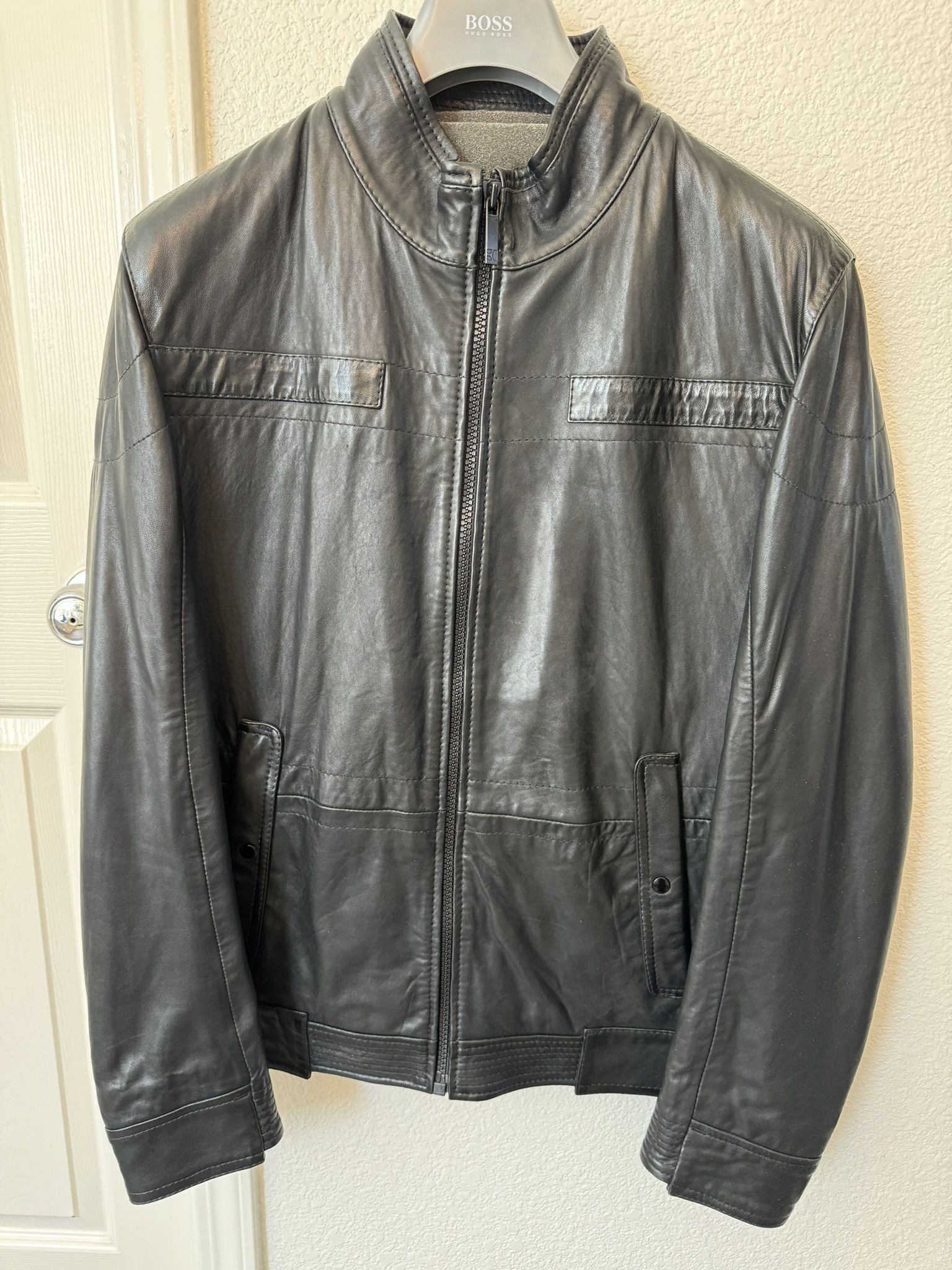 image of Hugo Boss Boss Orange Label Leather Jacket in Black, Men's (Size XL)