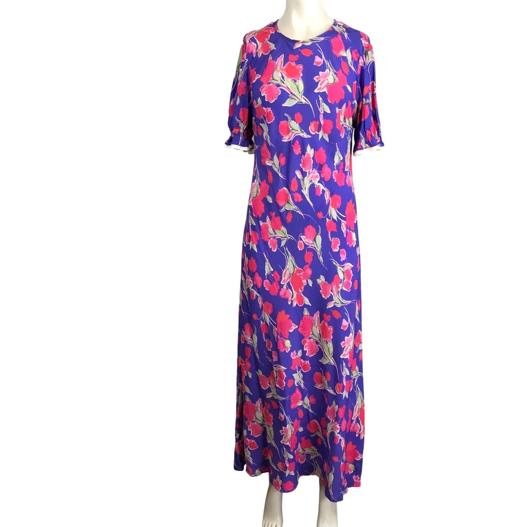 RIXO Rixo Floral Maxi Dress Purple Pink Short Sleeve Lace Trim Size L Dress Length Long Womens Size 36" / US 14 / IT 50 - 2 Thumbnail