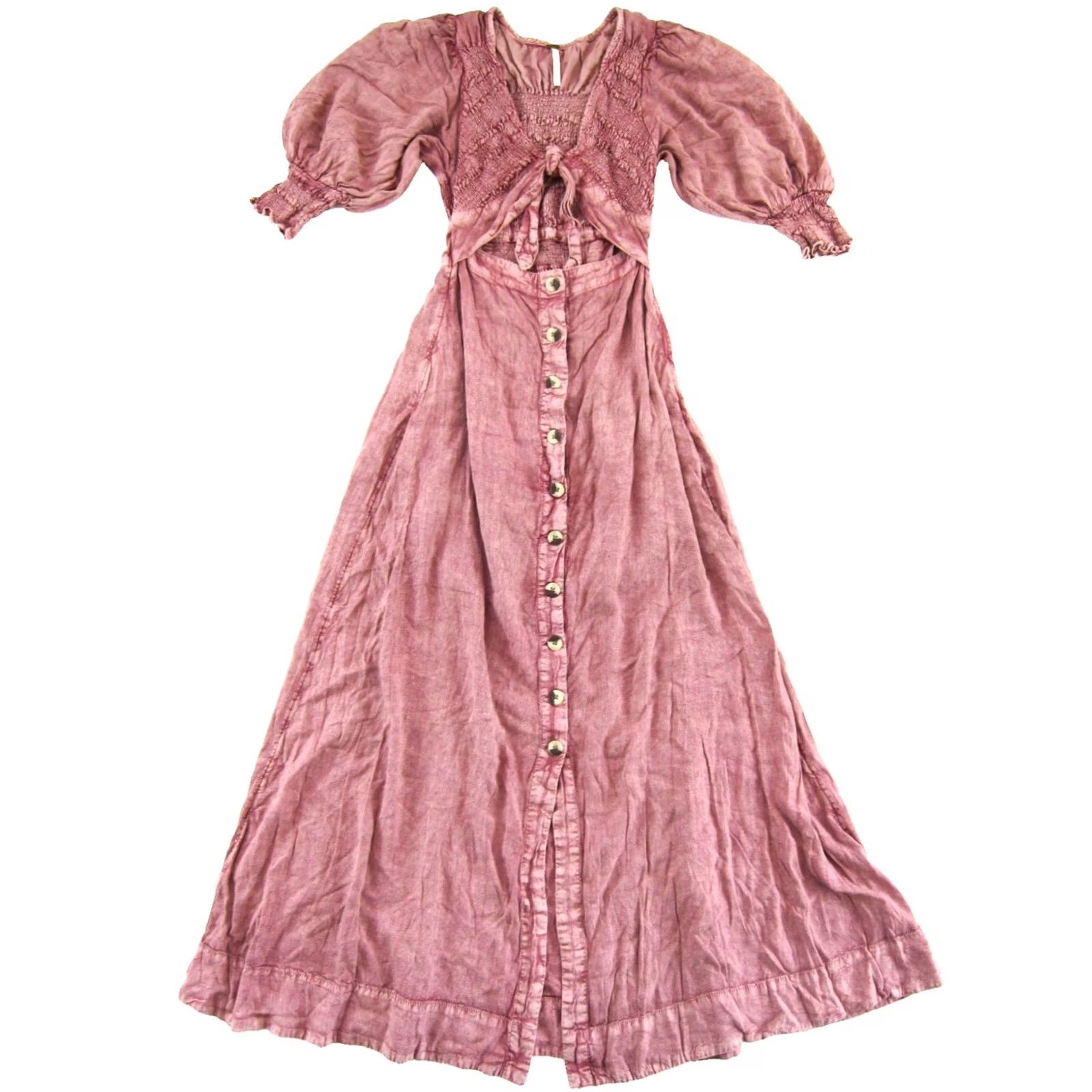 Free People Free People Pink Front Tie Long Maxi Dress XS Shirt Womens Size XS / US 0-2 / IT 36-38 - 2 Thumbnail