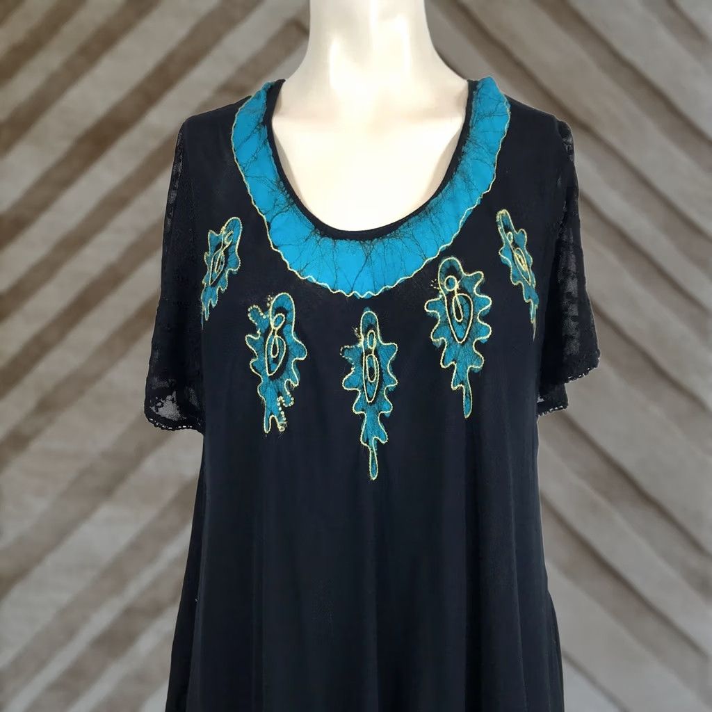 Vintage VINTAGE Sakkas WOMEN'S One Size SHORT SLEEVE BOHO DRESS Black Turquoise Midi Sundress Womens OS Dresses Size 42" / US 20 - 1 Thumbnail
