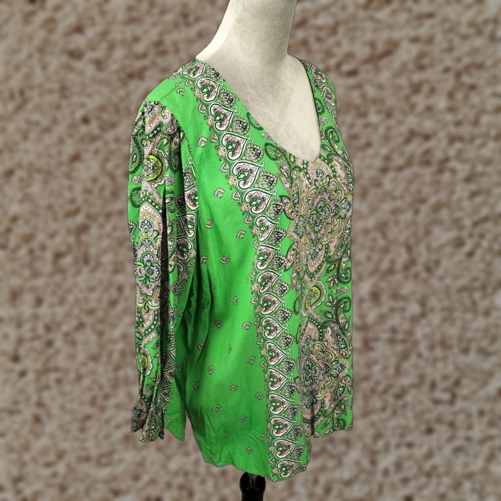 J. Jill J. Jill Boho Tunic Womens Large Green Lightweight V-Neck Top Print Geometric Rayon Blouse Size L / US 10 / IT 46 - 1 Thumbnail