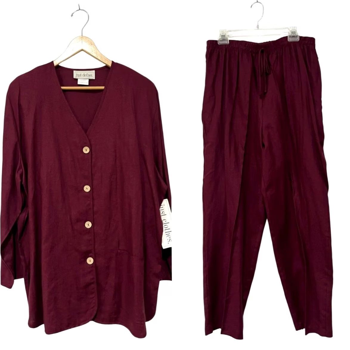 Vintage VINTAGE 90s Linen Button Shirt Top & Pants NWT V-Neck Burgundy 1X Women 2 Piece Set Size XL / US 12-14 / IT 48-50 - 2 Thumbnail