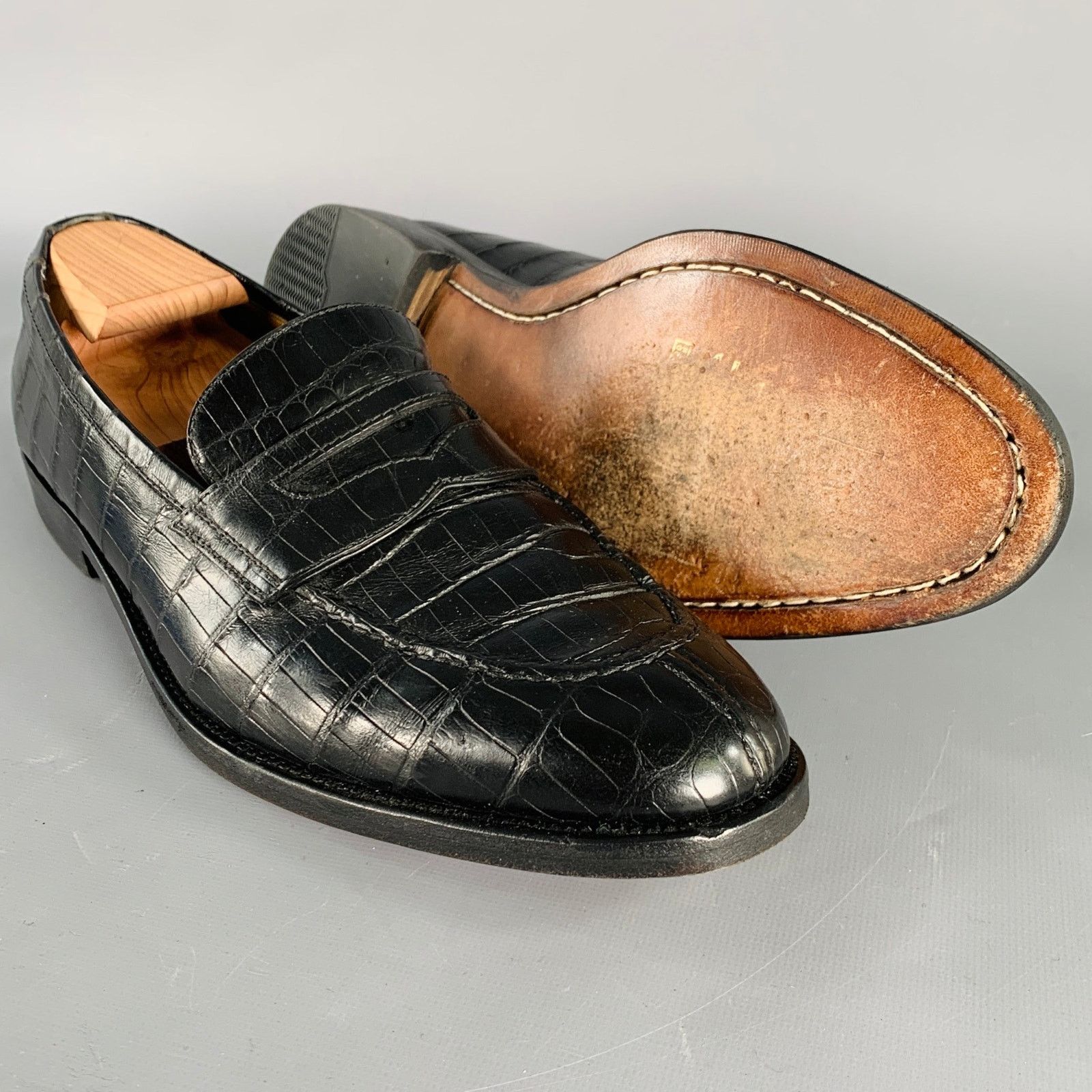Testoni A. TESTONI Size 11.5 Black Crocodile Leather Penny Loafers Size US 11.5 / EU 44-45 - 5 Thumbnail