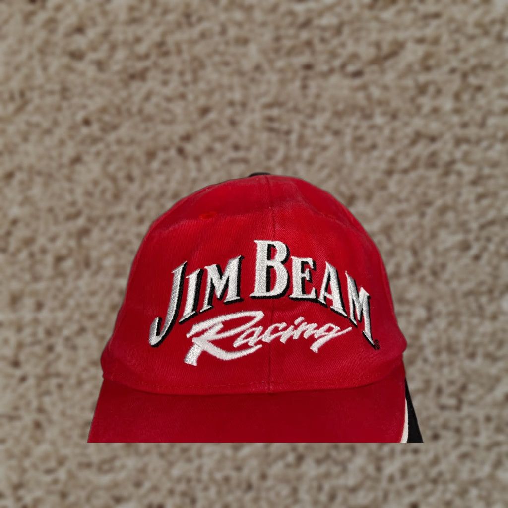 Vintage Jim Beam Racing Hat Cap Strap Back One Size Adult Red Cotton Twill Logo Motorsports Racing Adjustable Baseball Cap Mens Size ONE SIZE - 1 Thumbnail