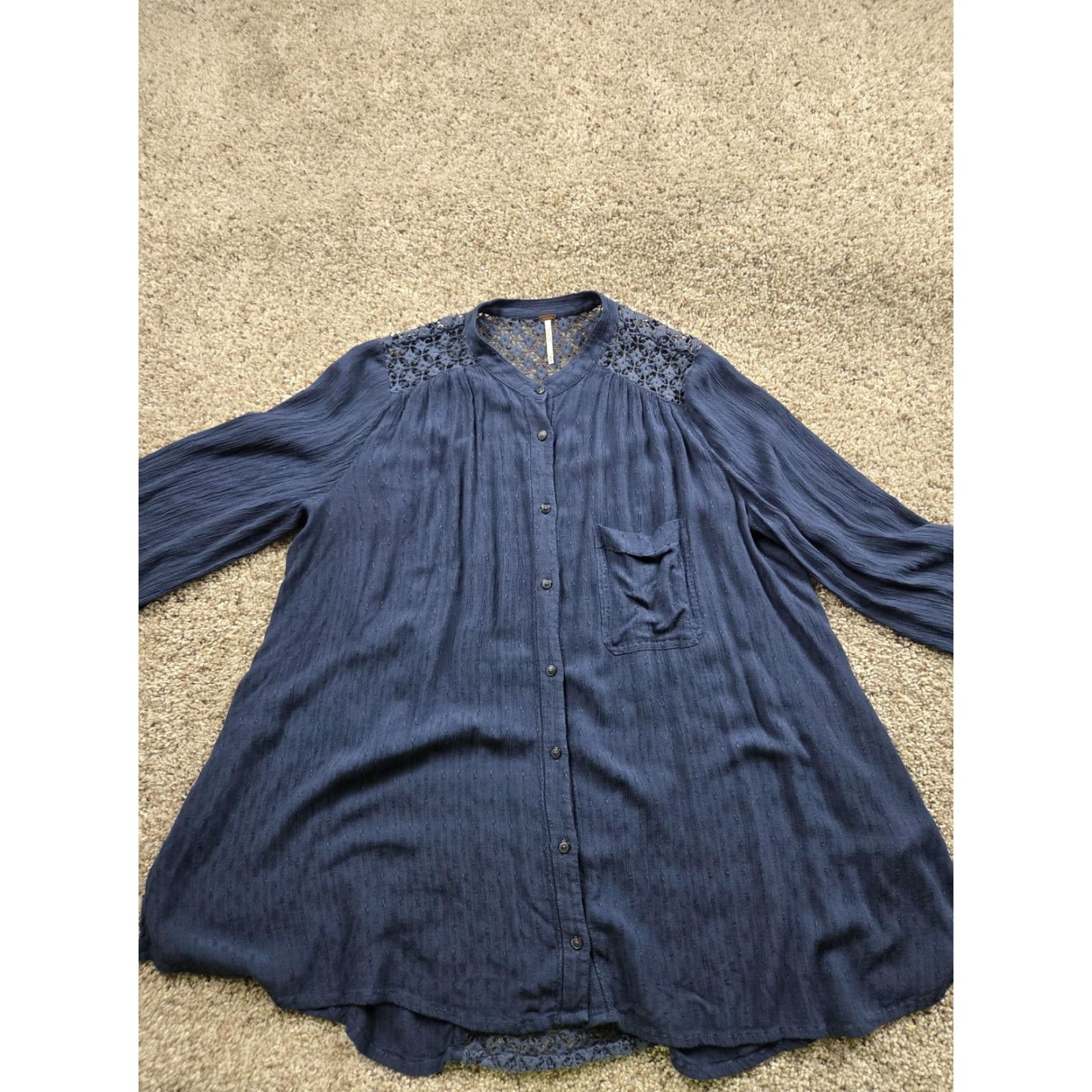 Free People VINTAGE Free People Crochet Tunic Shirt Womens Medium Blue Button Up Long Sleeve Flowy Size M / US 6-8 / IT 42-44 - 3 Thumbnail