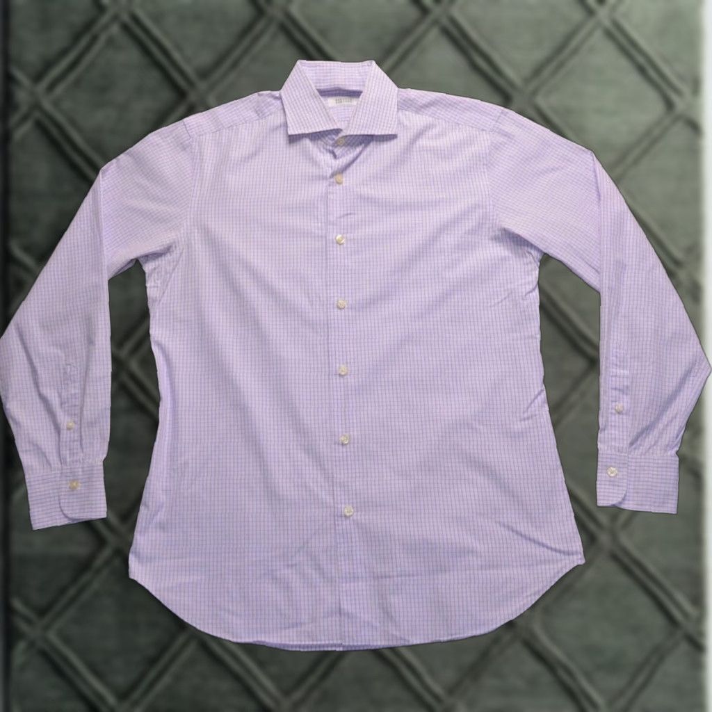 Vintage Barneys New York Button-Up Purple Plaid Dress Shirt 100% Cotton Size 16 Long, Men’s
