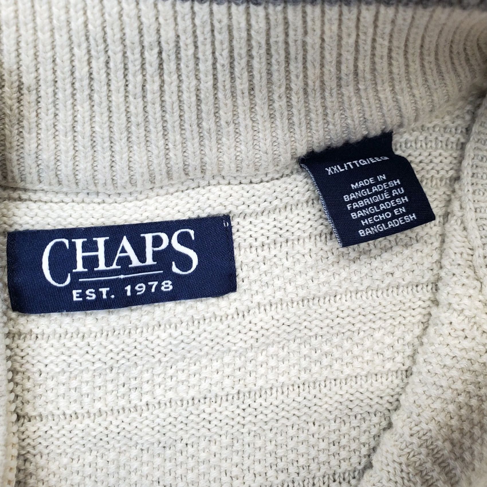 Chaps Chaps Mens Pullover Sweater 2XL Tan Knit Cotton Blend Raglan 1/4 Zip Chest 30" Length 23.5" Pit to Pit; Regular Fit Size US XXL / EU 58 / 5 - 5 Thumbnail