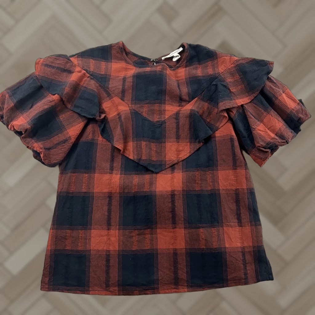Bcbgmaxazria BCBG Plaid Ruffle Short Sleeve Shirt Women's XS Red Dark Blue Size XS / US 0-2 / IT 36-38 - 1 Thumbnail
