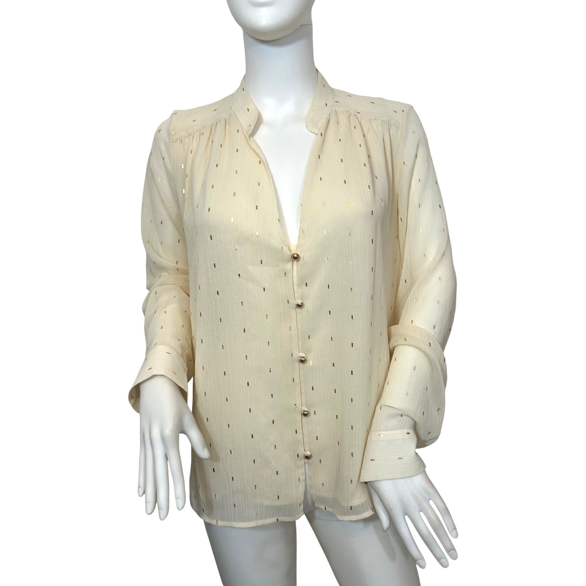Zara Zara Ecru Cream Blouse S Gold Metallic Dashes Band Neck Gold Size S / US 4 / IT 40 - 1 Thumbnail
