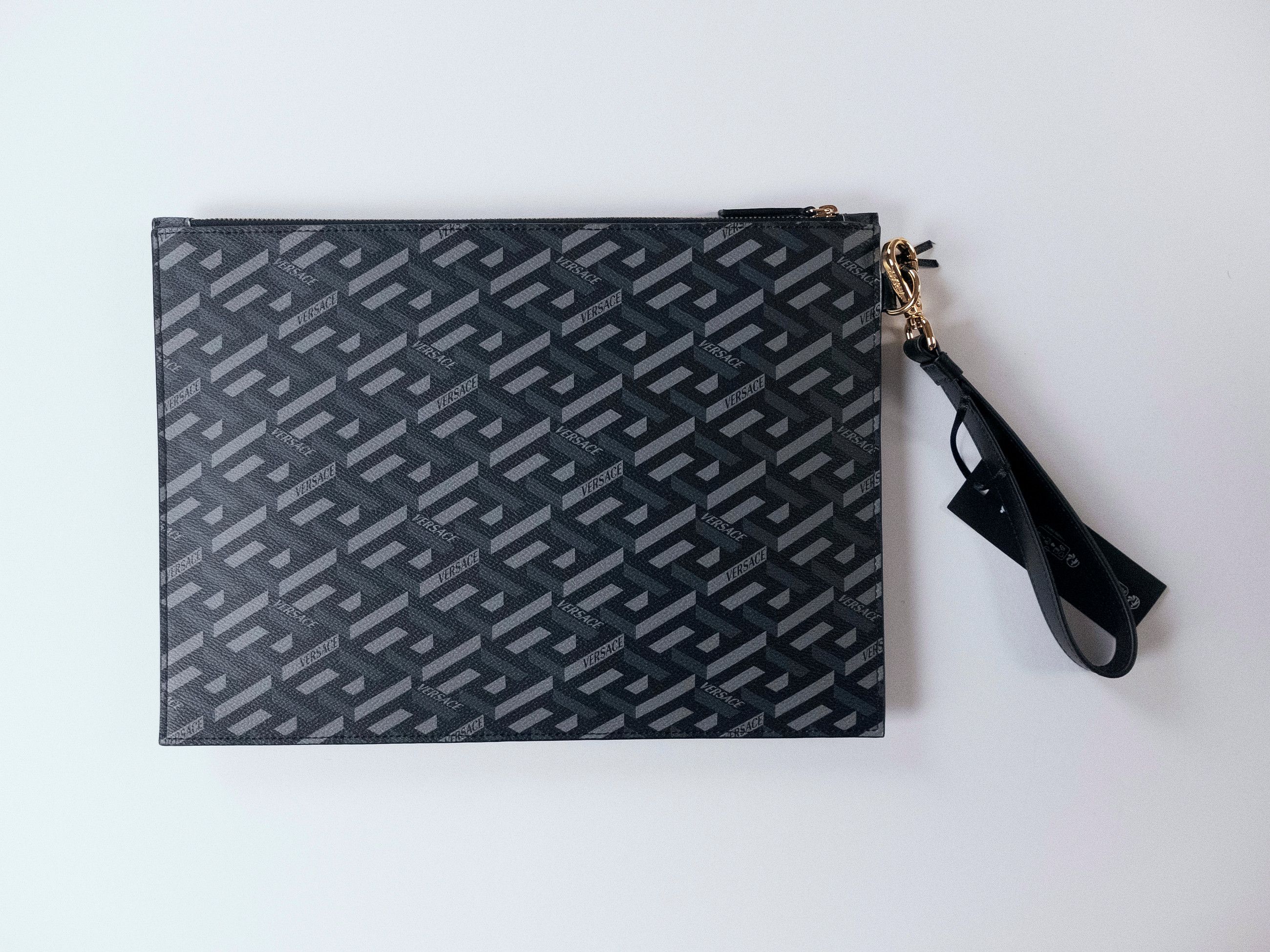 Versace VERSACE La Greca black gray coated canvas large clutch Size ONE SIZE - 3 Thumbnail
