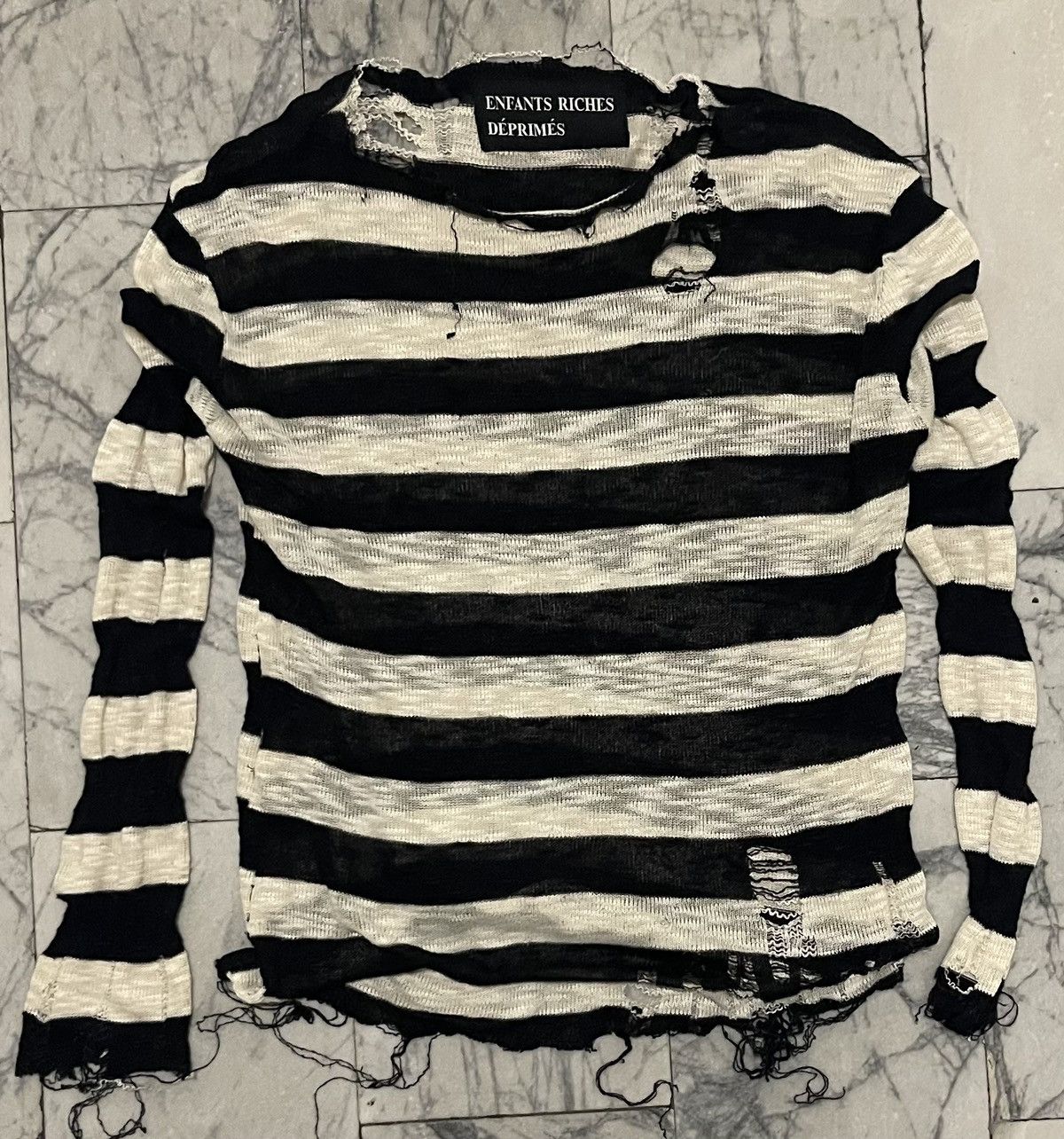 image of Enfants Riches Deprimes Ss16 Knited Destressed Light Sweater in Black Stripe, Men's (Size Small)