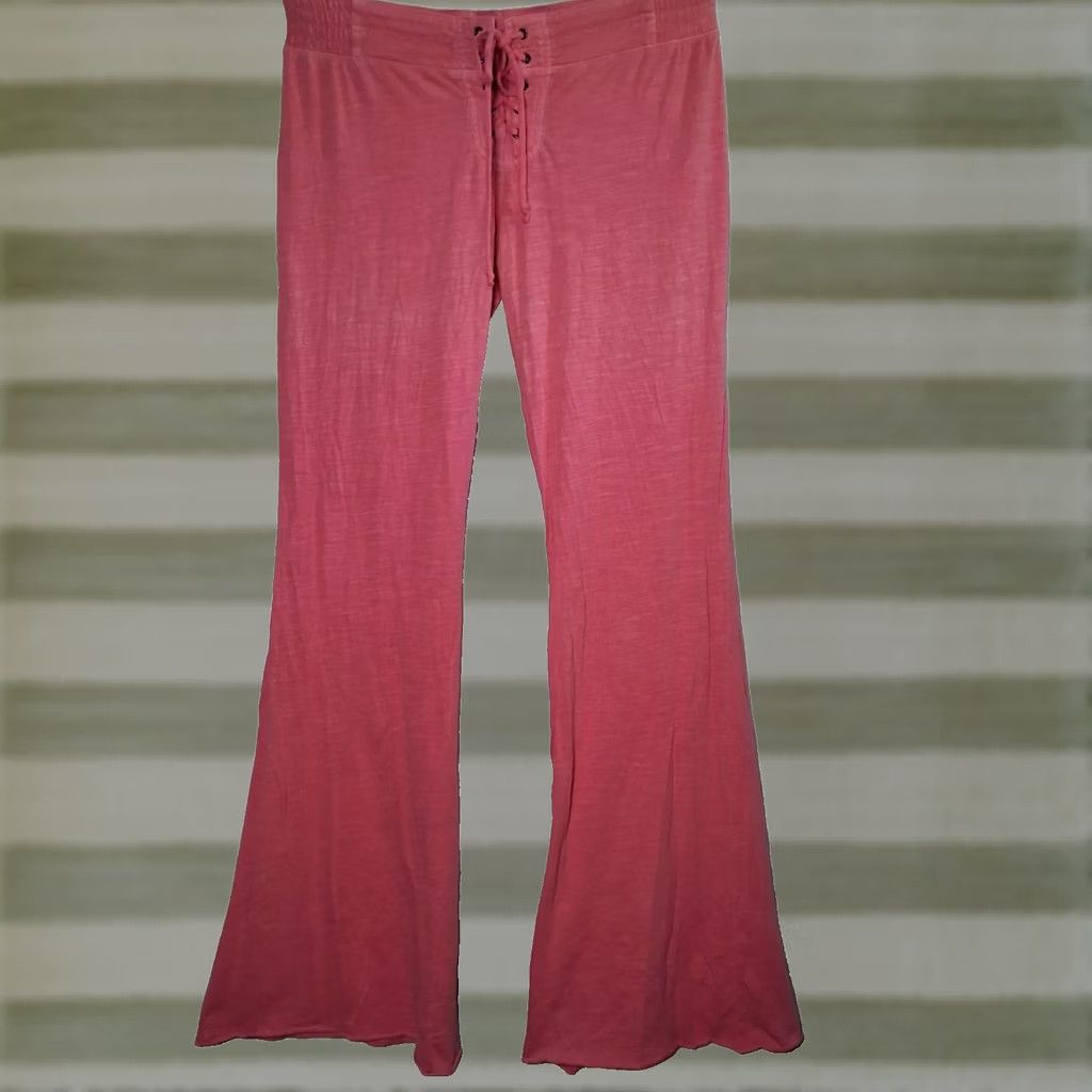 Vintage ROXY Estilo Pants M Pink Burnout Knit Bootcut Lace Up Athleisure Y2K Low Rise Womens Grow? Size 32" / US 10 / IT 46 - 1 Thumbnail
