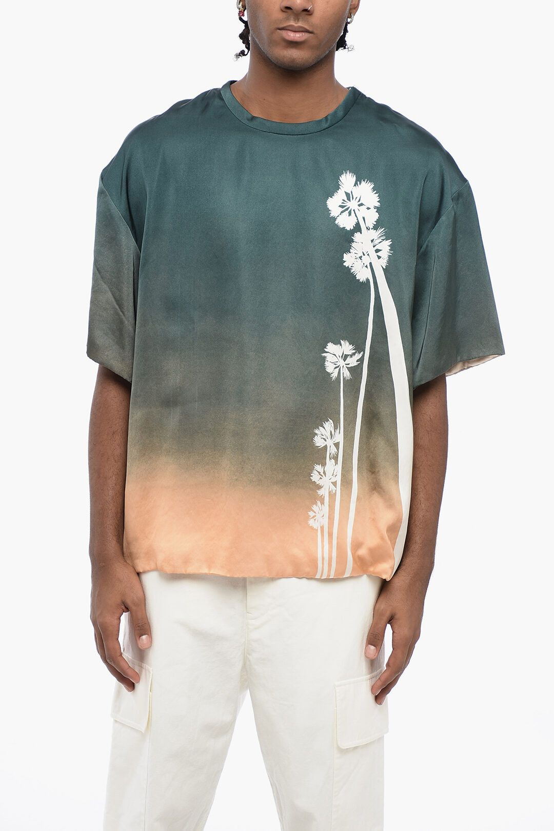 Jil Sander og1mm0625 Printed Satin Palm T-Shirt in Green Size US S / EU 44-46 / 1 - 1 Thumbnail