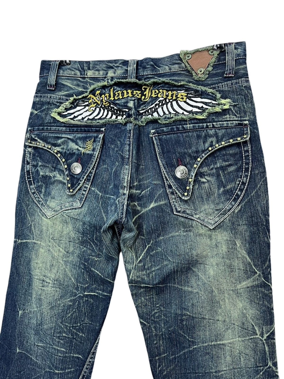 Japanese Brand 🔥NYLAUS Embroidery Winged Studded Long Flap Mudwash FLARE Size US 31 - 5 Thumbnail
