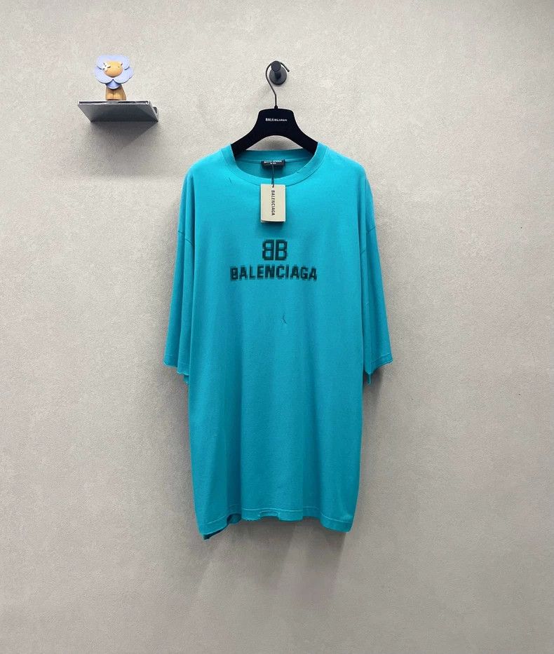 Balenciaga Balenciaga Teal Mosaic Distressed Short Sleeve Size US S / EU 44-46 / 1 - 1 Thumbnail