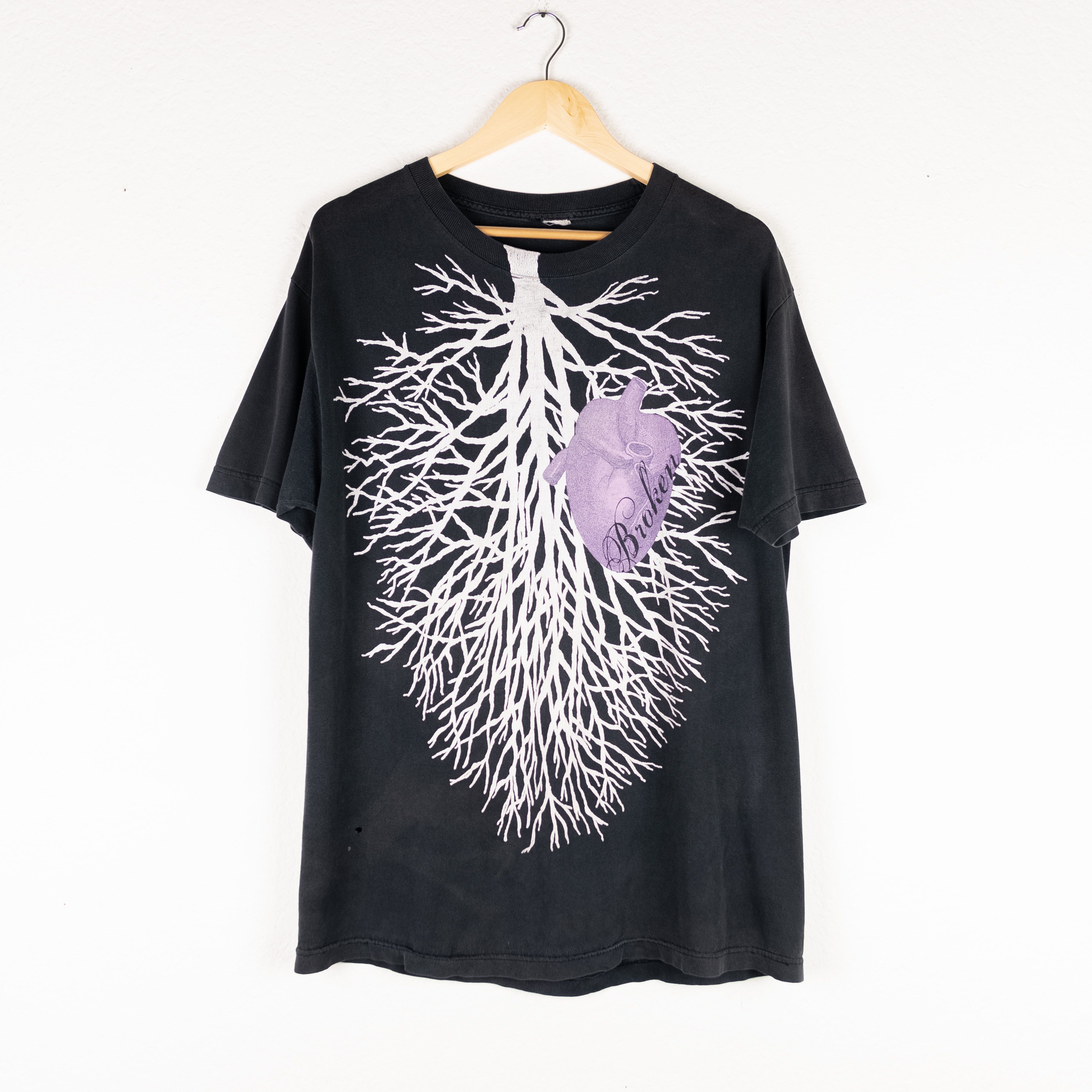 image of Avant Garde x Vintage Punk Goth Broken Heart Tree Graphic T Shirt in Black, Men's (Size Large)
