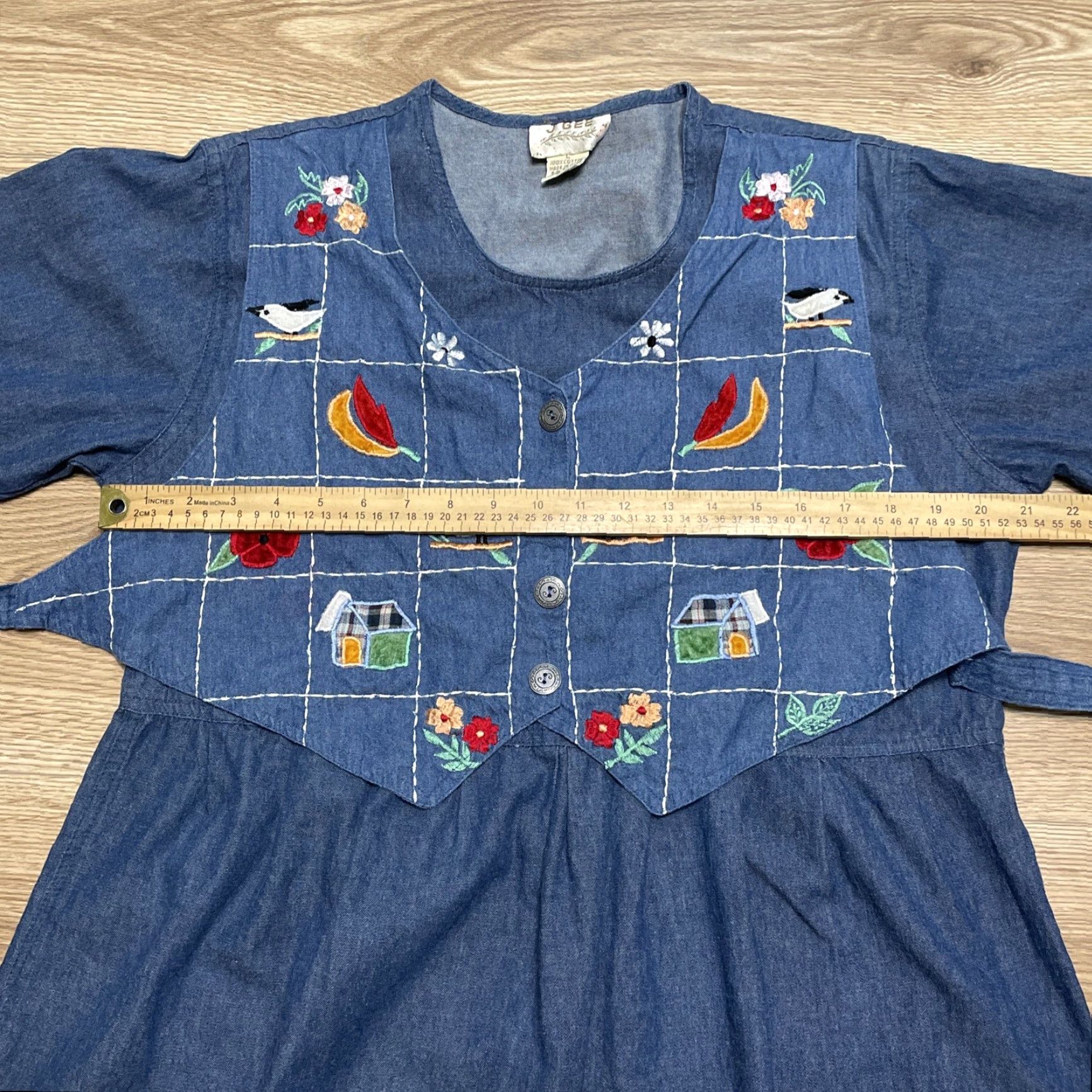 Denime VINTAGE J Gee Denim Dress Women Maxi Dress Short Sleeve Embroidered Tie Back Blue 90s Size L / US 10 / IT 46 - 4 Thumbnail