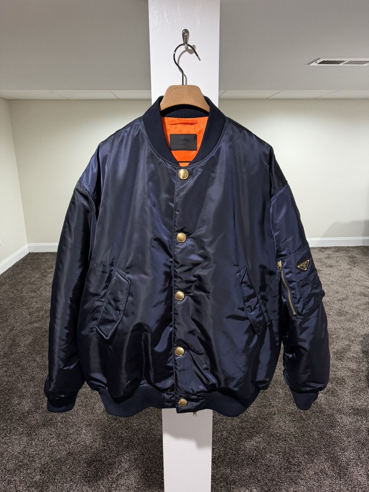 Prada Prada Re-Nylon Gold Logo Navy Blue Oversized Bomber Jacket Size US M / EU 48-50 / 2 - 2 Thumbnail