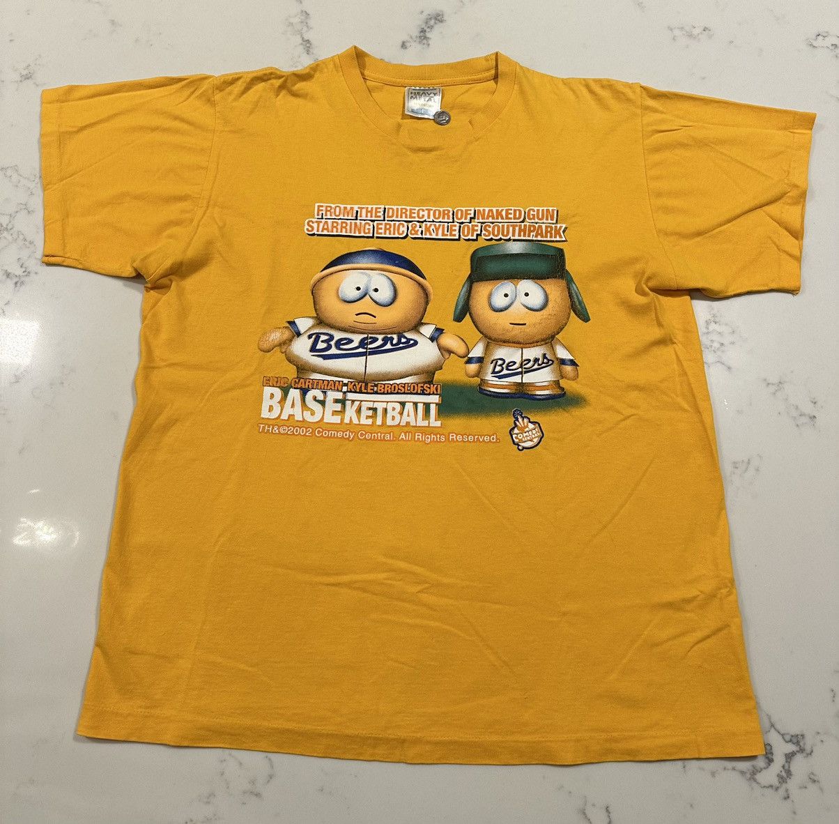 image of Vintage Y2K 2002 South Park Baseketball Movie Promo T-Shirt in Yellow, Men's (Size Large)