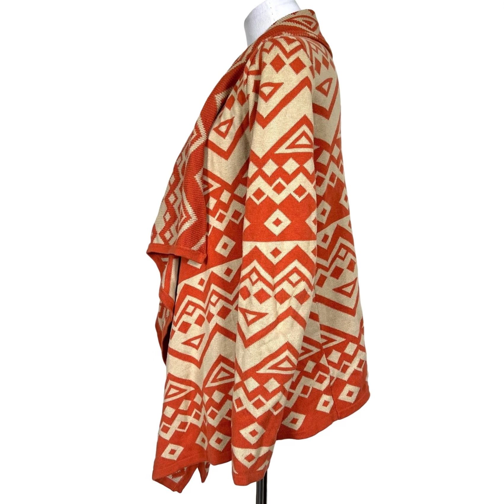 Vintage THML Cardigan Geometric Orange Beige Sweater Open Front Waterfall Women Sz S Size S / US 4 / IT 40 - 3 Thumbnail