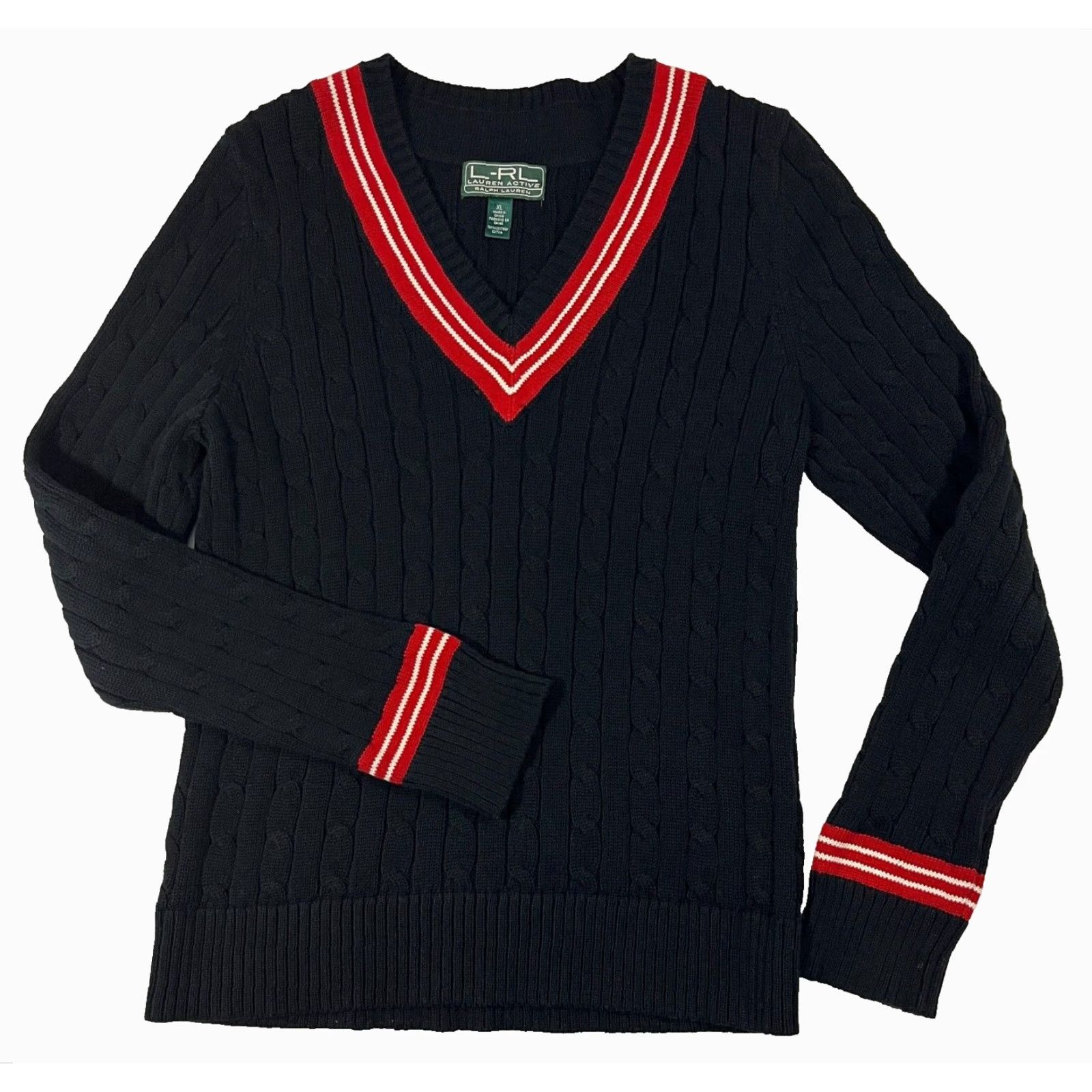 Ralph Lauren VINTAGE Lauren Ralph Lauren Women's Cable Knit V-Neck Cricket Sweater XL Black Pullover Knit Sweater Size XL / US 12-14 / IT 48-50 - 2 Thumbnail