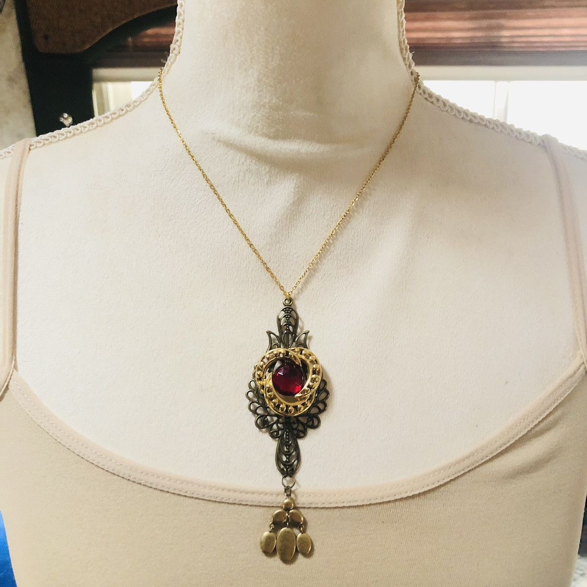 Handmade Handcrafted brass filigree gold dangle pendant necklace Size ONE SIZE - 2 Thumbnail