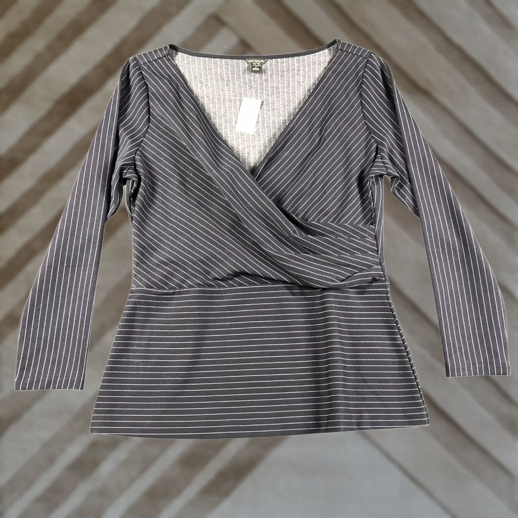 Ann Taylor Ann Taylor Navy Blue Pinstripe Wrap Front Peplum Top Long Sleeve M Womens Shirt Size M / US 6-8 / IT 42-44 - 1 Thumbnail