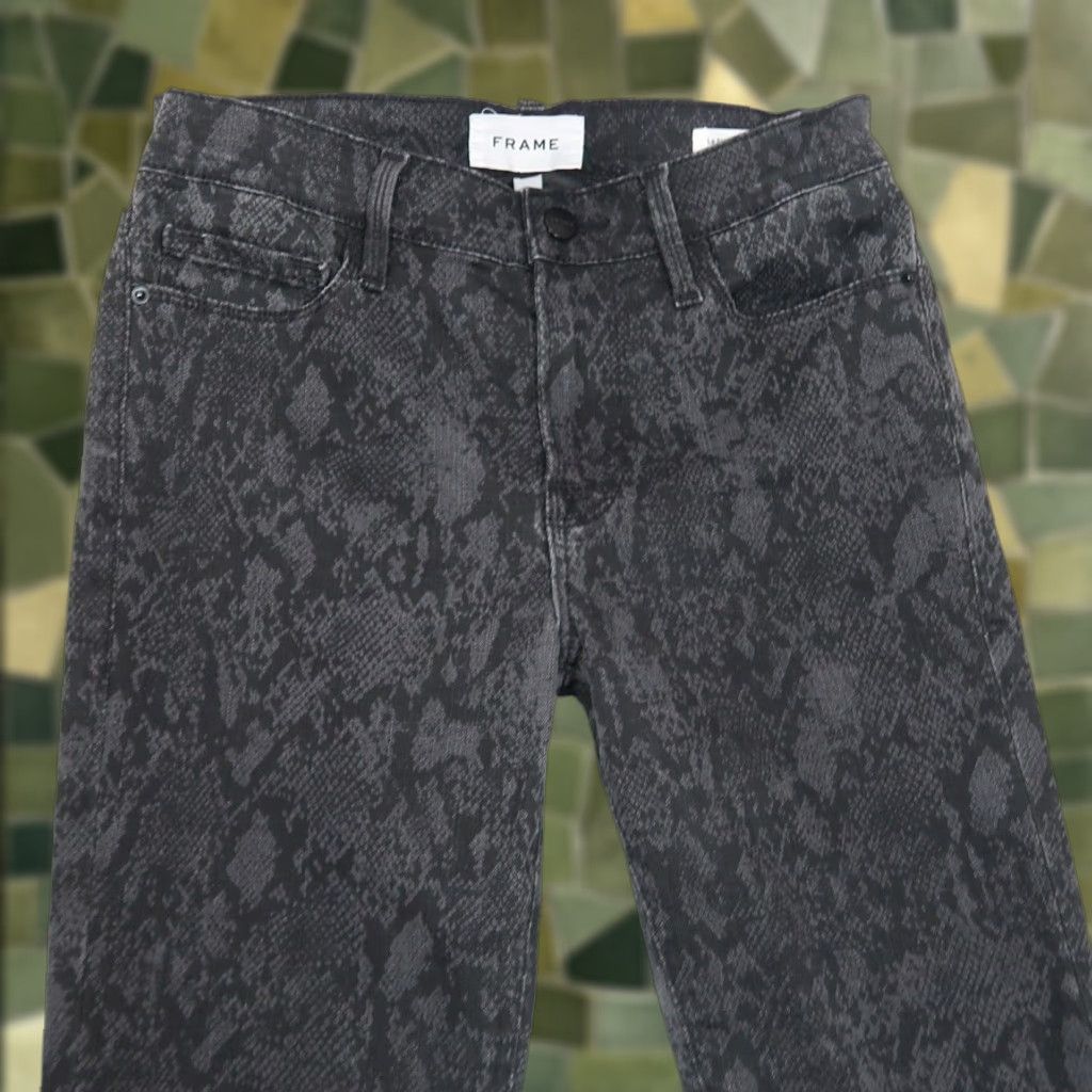 VINTAGE FRAME Le Skinny de Jeanne Grey Black Python Snake Reptile Jeans 28 Womens Skinny 28 in Inseam Gray Pattern Animal Print
