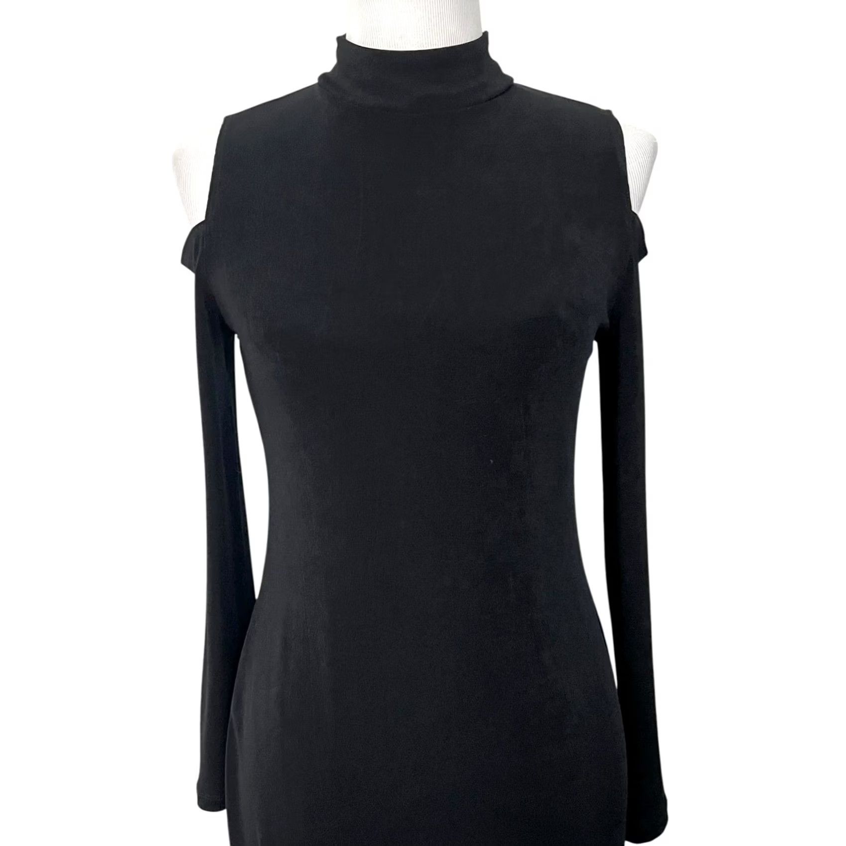 Vintage CHICO’S TRAVELERS Dress Black Slinky Knit Cold Shoulder Midi Womens S Small Illusion: 0 Size S / US 4 / IT 40 - 2 Thumbnail