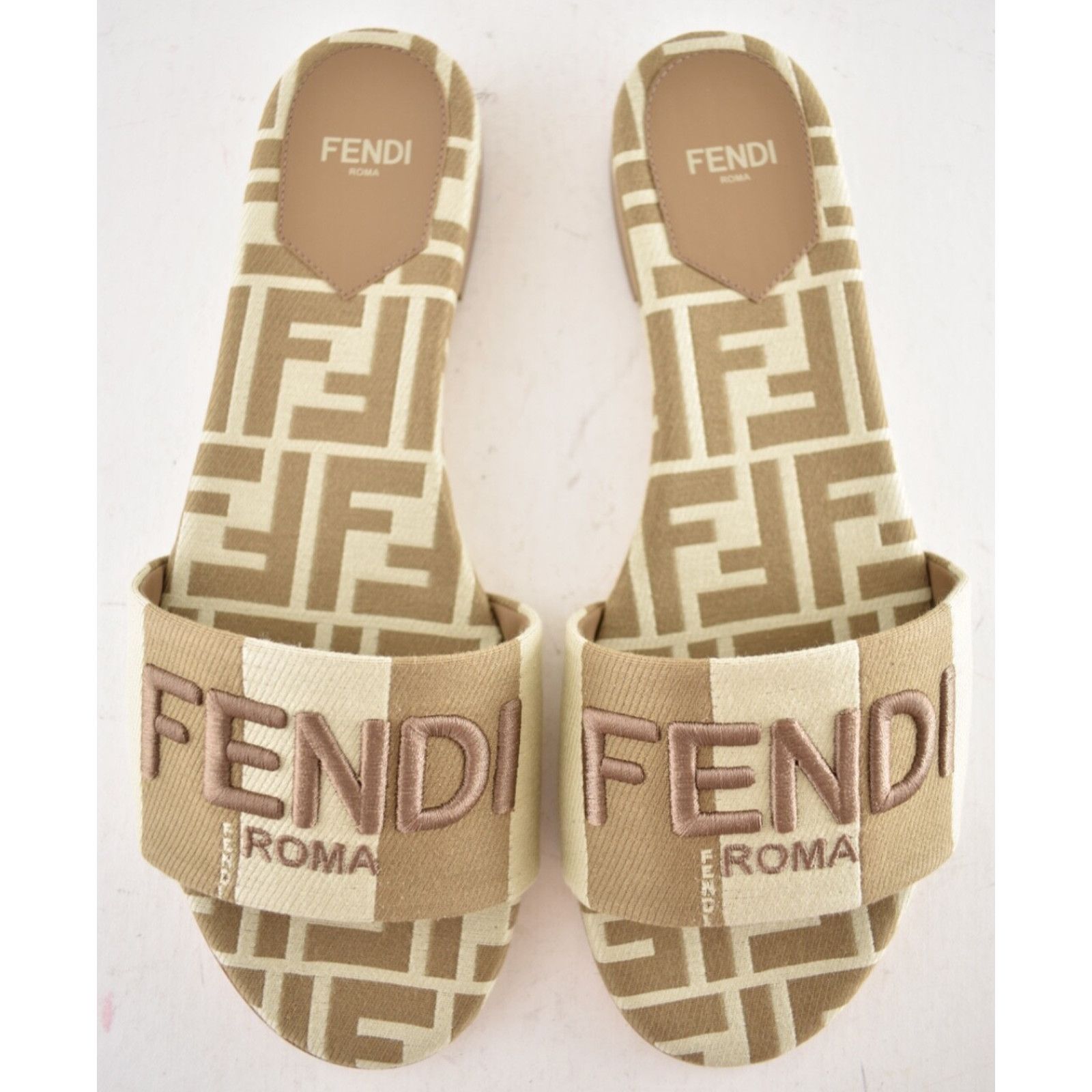 Fendi Fendi Beige Sand Striped FF Monogram Logo Mule Slide Flat Size US 8 / IT 38 - 11 Thumbnail