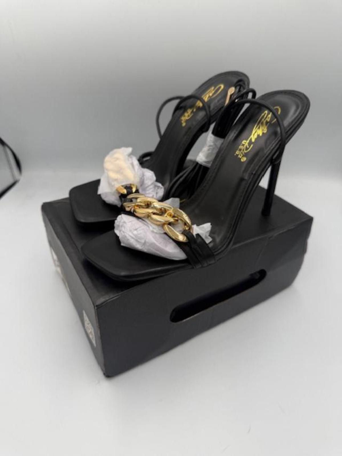 Other Cathy Din Adrina Black/Gold Chain Lace-Up Hi-Heel Sandal Sz7 Size US 7 / IT 37 - 8 Thumbnail