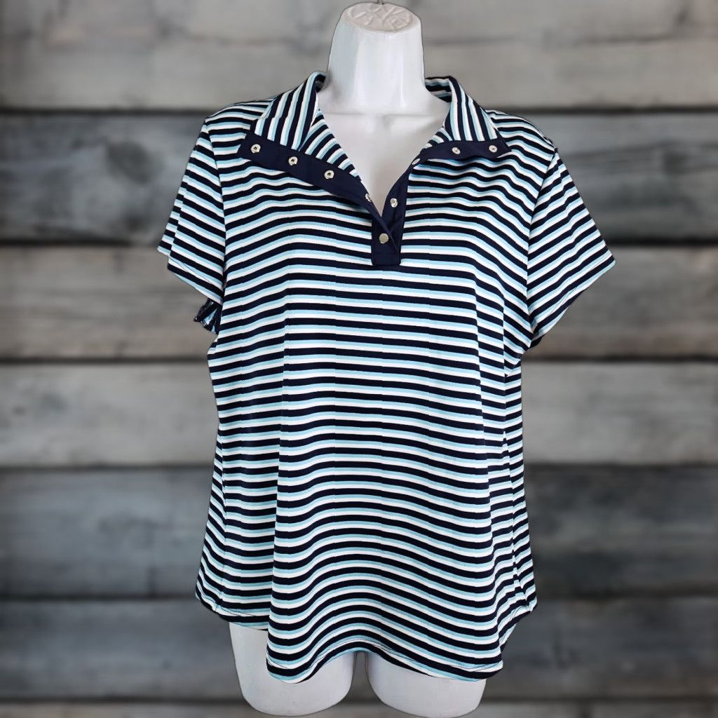 Vintage Chico's Women Top Blouse Shirt Shirt Chicos Womens Top Sz Large Blue White Striped Short Sleeve Pullover Collared Basic Vintage No N/A Size L / US 10 / IT 46 - 1 Thumbnail