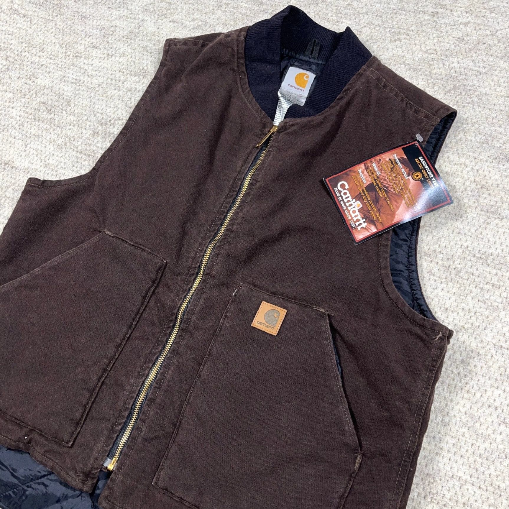 Carhartt VINTAGE Carhartt Vest Men L Brown Duck Canvas Quilt Lined VO2 DKB Full Zip Insulated Pockets Wool Pattern: Solid USA Theme: Hunting Mens Size US L / EU 52-54 / 3 - 3 Thumbnail