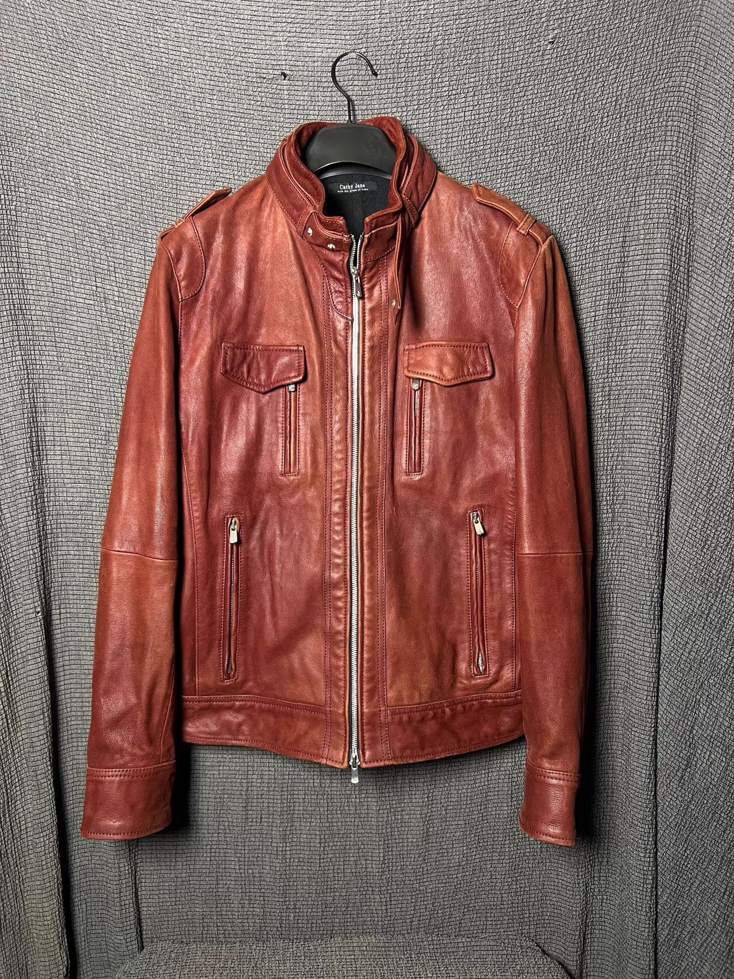 CATHY JANE Blood Red Safari Leather Jacket 3 Sheepskin