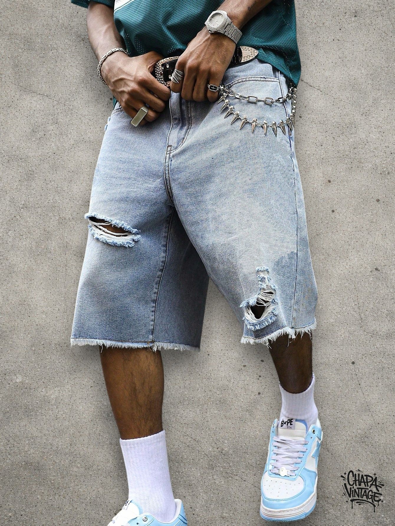 Washed ripped denim shorts