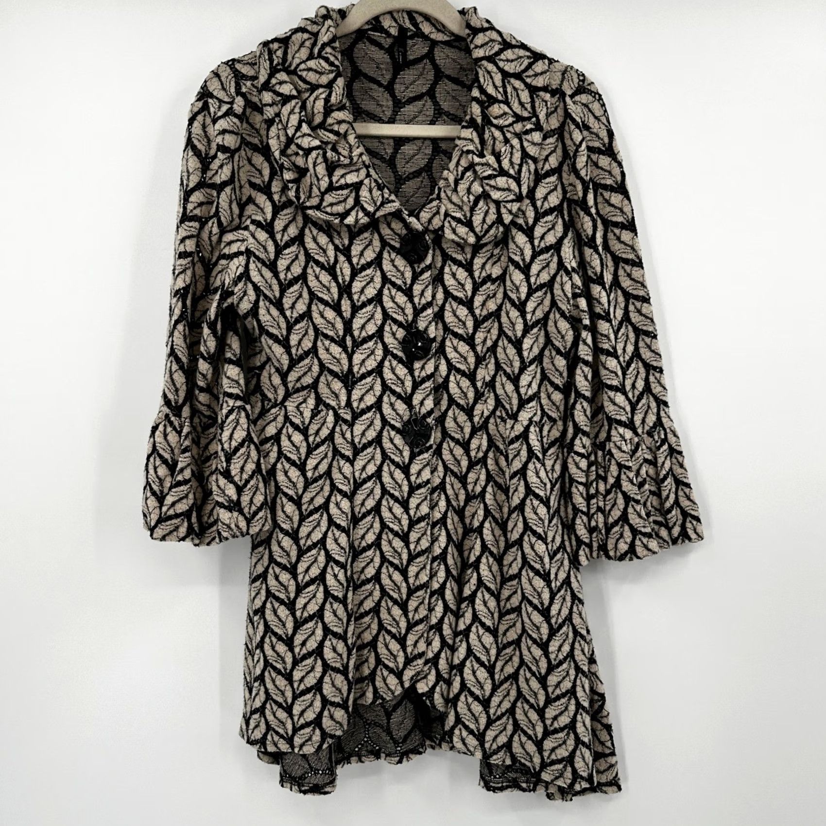 Bell IC by Connie K Coatigan Women Beige Black Leaf Print Bell Sleeve Collar Button Lace Mid-Length Casual Spring Fall M Womens Size M / US 6-8 / IT 42-44 - 2 Thumbnail