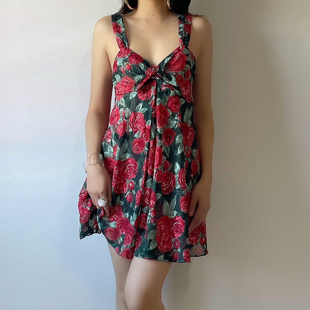Victoria's Secret × Vintage Vintage 1990's Green Red Roses Chiffon Sheer Slip Dress /S-M Size M / US 6-8 / IT 42-44 - 1 Thumbnail