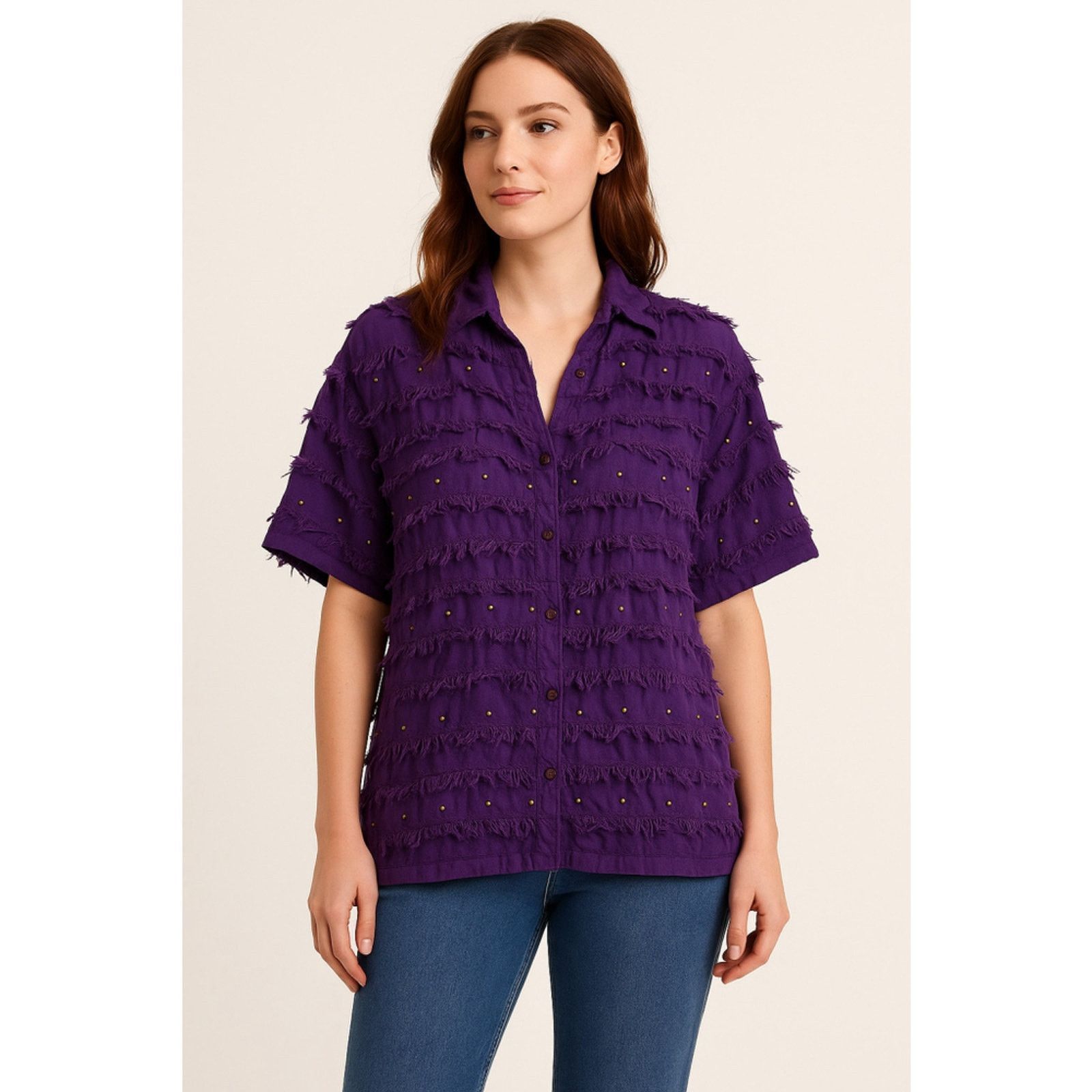 Other Boho Textured Fringe Button Shirt Studded Purple Rayon Top M Size M / US 6-8 / IT 42-44 - 1 Thumbnail
